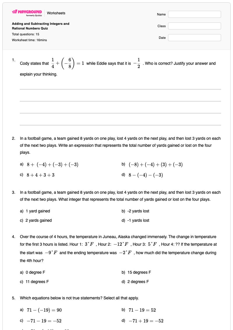 Adding and Subtracting Integers and Rational Numbers Quiz - พิมพ์ได้ จำนวนเต็มที่ต่อเนื่องกัน เวิร์กชีท ระดับ 7 - Wayground