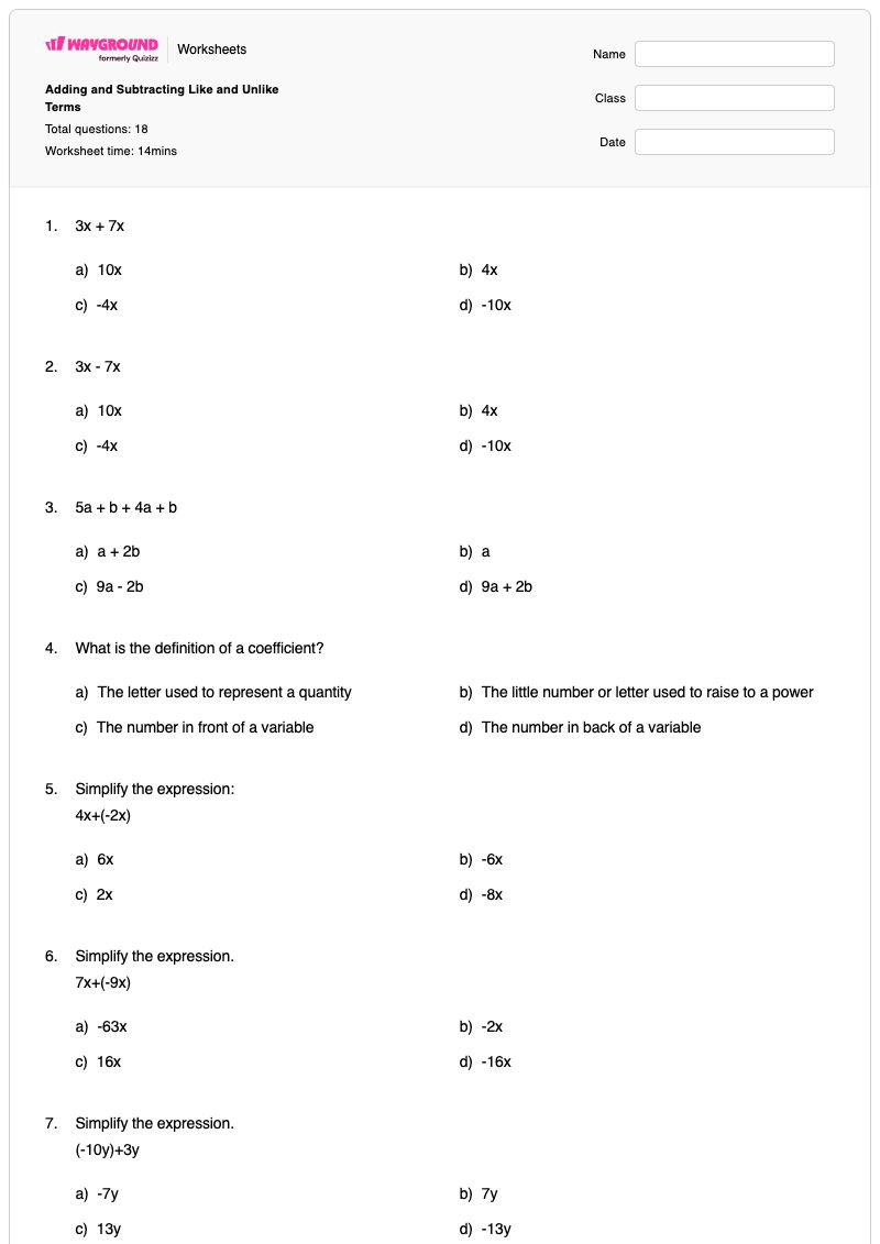 Adding and Subtracting Like and Unlike Terms - พิมพ์ได้ เงื่อนไขที่แตกต่าง เวิร์กชีท - Wayground