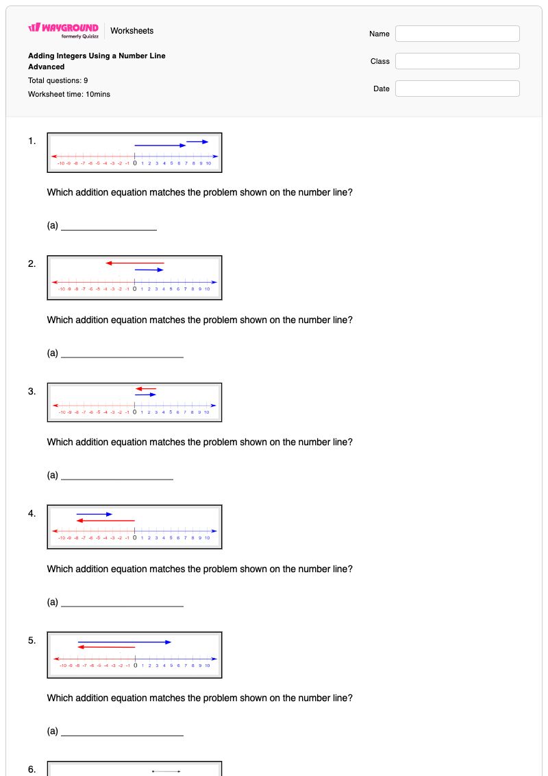 Adding Integers Using a Number Line Advanced - Printable Addition-and-counting-on-number-lines Worksheets - Wayground