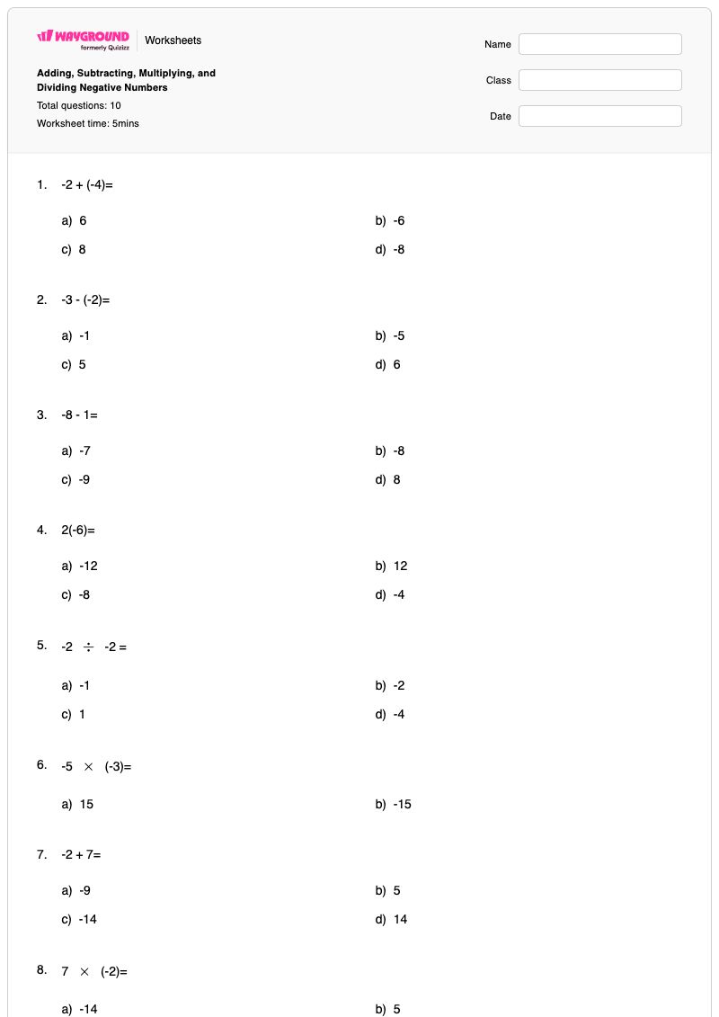 Adding, Subtracting, Multiplying, and Dividing Negative Numbers - Free ...