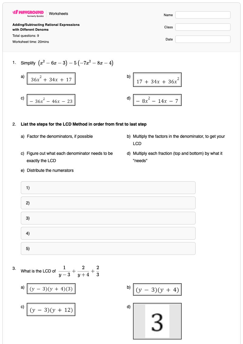 Adding/Subtracting Rational Expressions with Different Denoms - พิมพ์ได้ Rationalizing-the-denominator เวิร์กชีท ระดับ 11 - Wayground