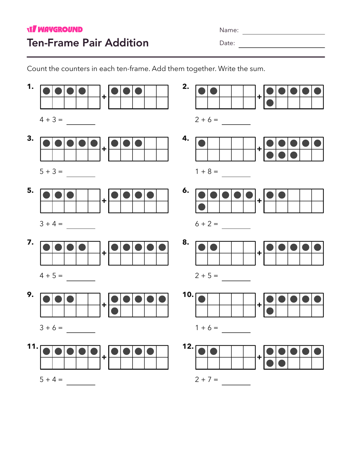 Ten-Frame Pair Addition - Imprimible Suma-dentro-de-10 Hojas-de-trabajo Grado 1 - Wayground