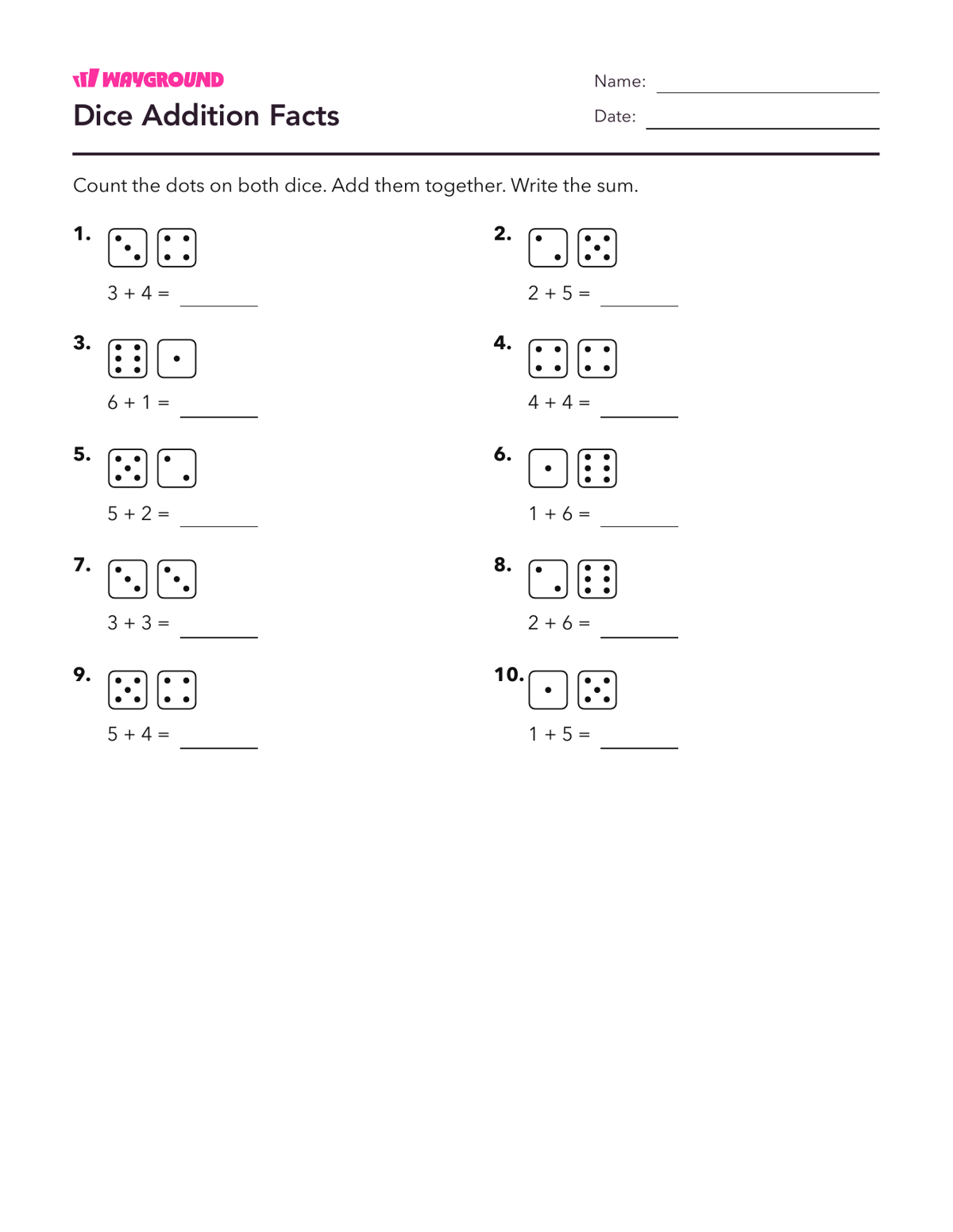 Dice Addition Facts - Imprimible Suma-dentro-de-10 Hojas-de-trabajo Grado 1 - Wayground