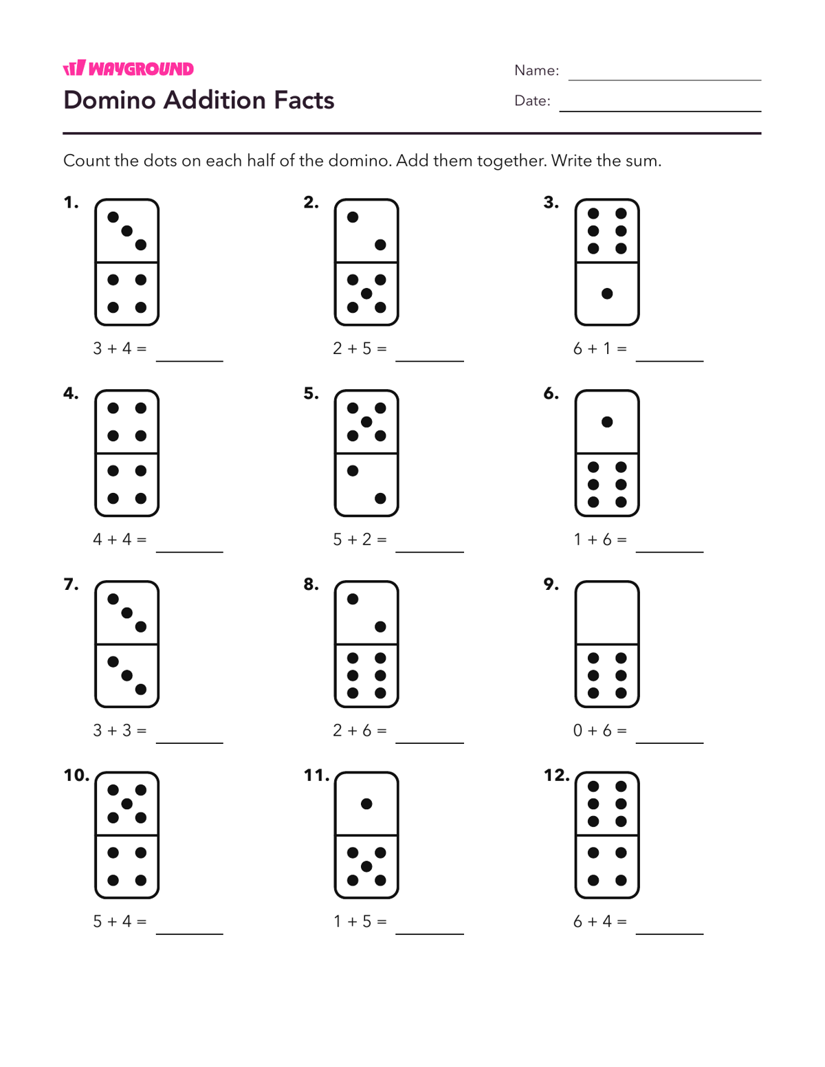 Domino Addition Facts - Imprimible Suma-dentro-de-10 Hojas-de-trabajo Grado 1 - Wayground