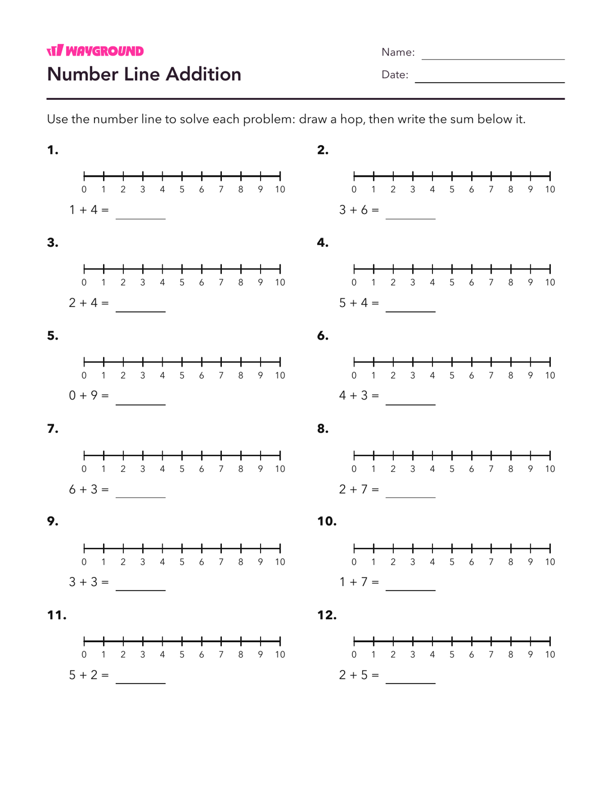 Number Line Addition - Imprimible Suma-dentro-de-10 Hojas-de-trabajo Grado 1 - Wayground