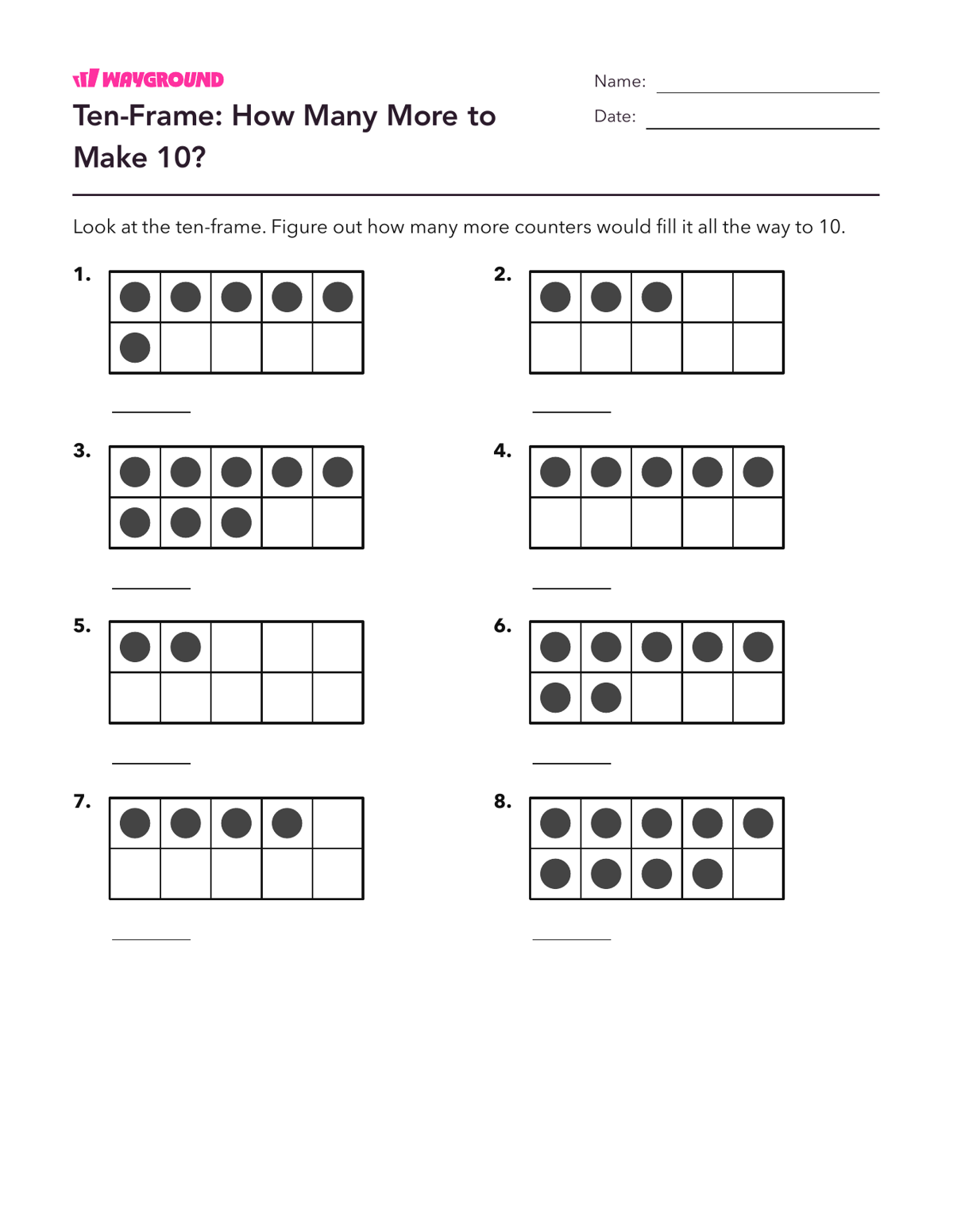 Ten-Frame: How Many More to Make 10? - Imprimible Suma-dentro-de-10 Hojas-de-trabajo Grado 1 - Wayground