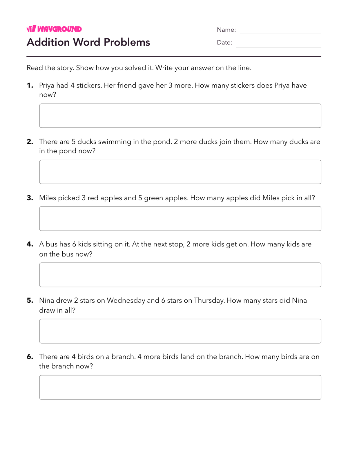 Addition Word Problems - Imprimible Suma-dentro-de-10 Hojas-de-trabajo Grado 1 - Wayground
