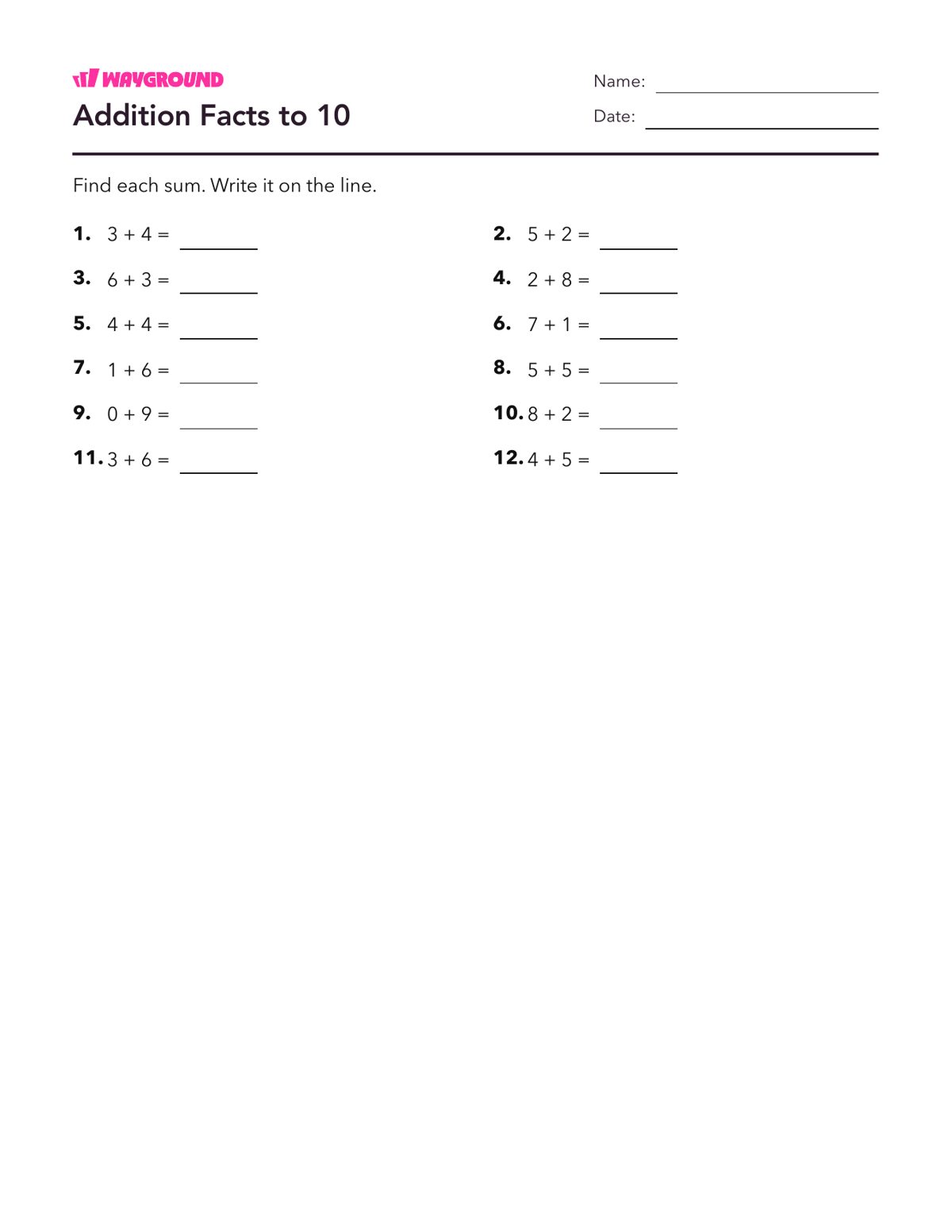 Addition Facts to 10 - Printable Addition-within-10 Worksheets Grade 2 - Wayground