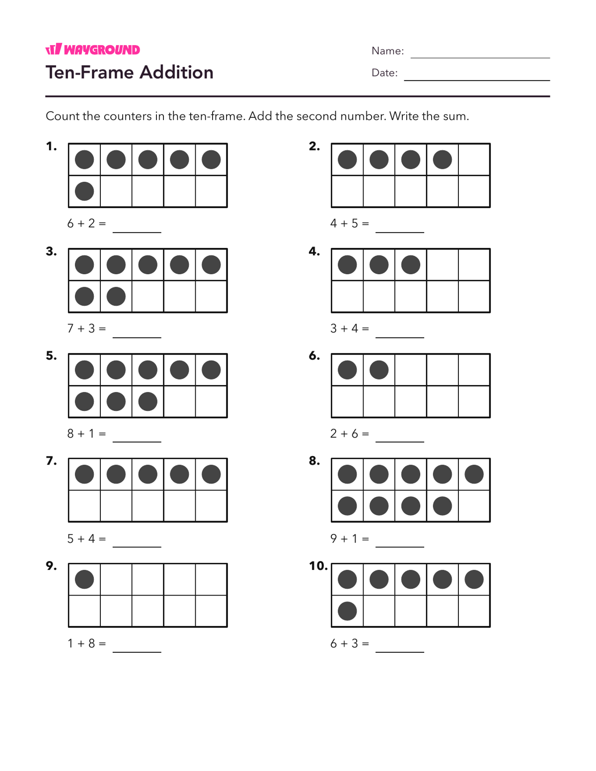 Ten-Frame Addition - Printable Addition-within-10 Worksheets Grade 2 - Wayground