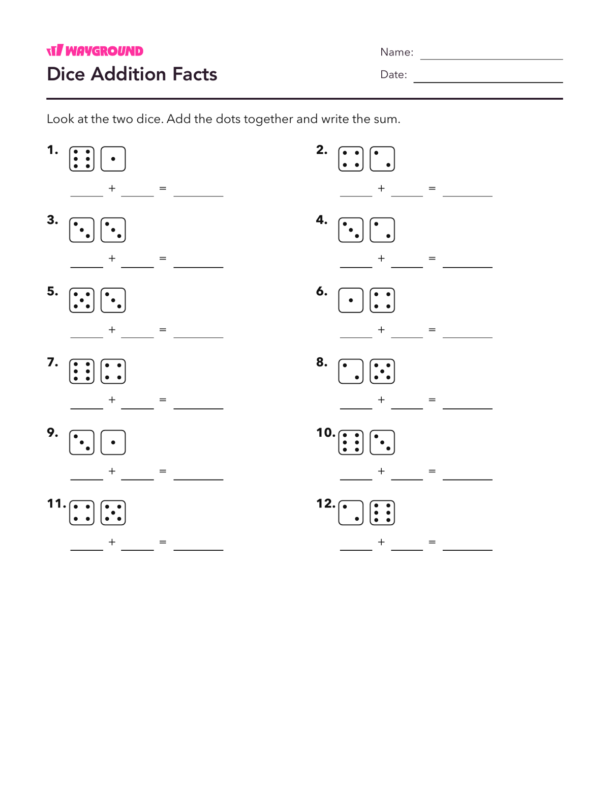 Dice Addition Facts - Printable Addition-within-10 Worksheets Grade 2 - Wayground