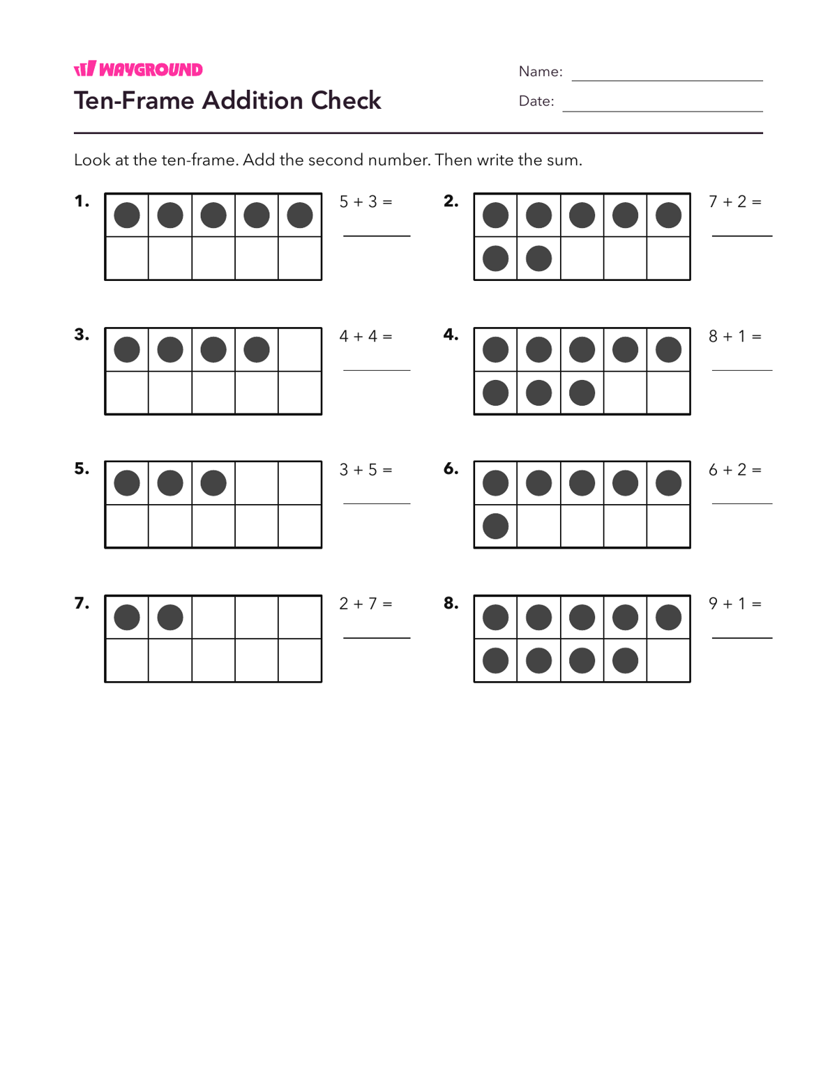 Ten-Frame Addition Check - Printable Addition-within-10 Worksheets Grade 2 - Wayground