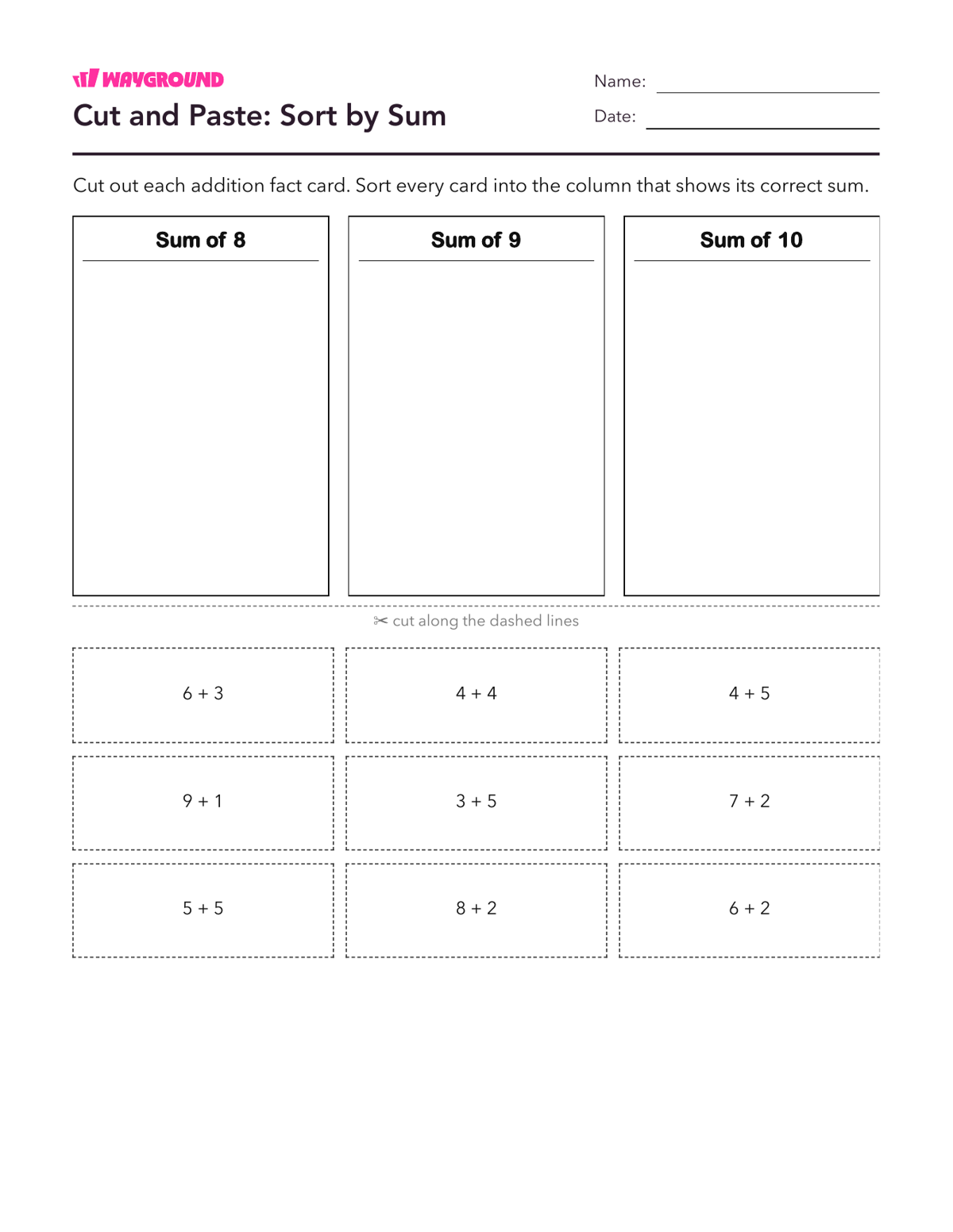 Cut and Paste: Sort by Sum - Printable Addition-within-10 Worksheets Grade 2 - Wayground