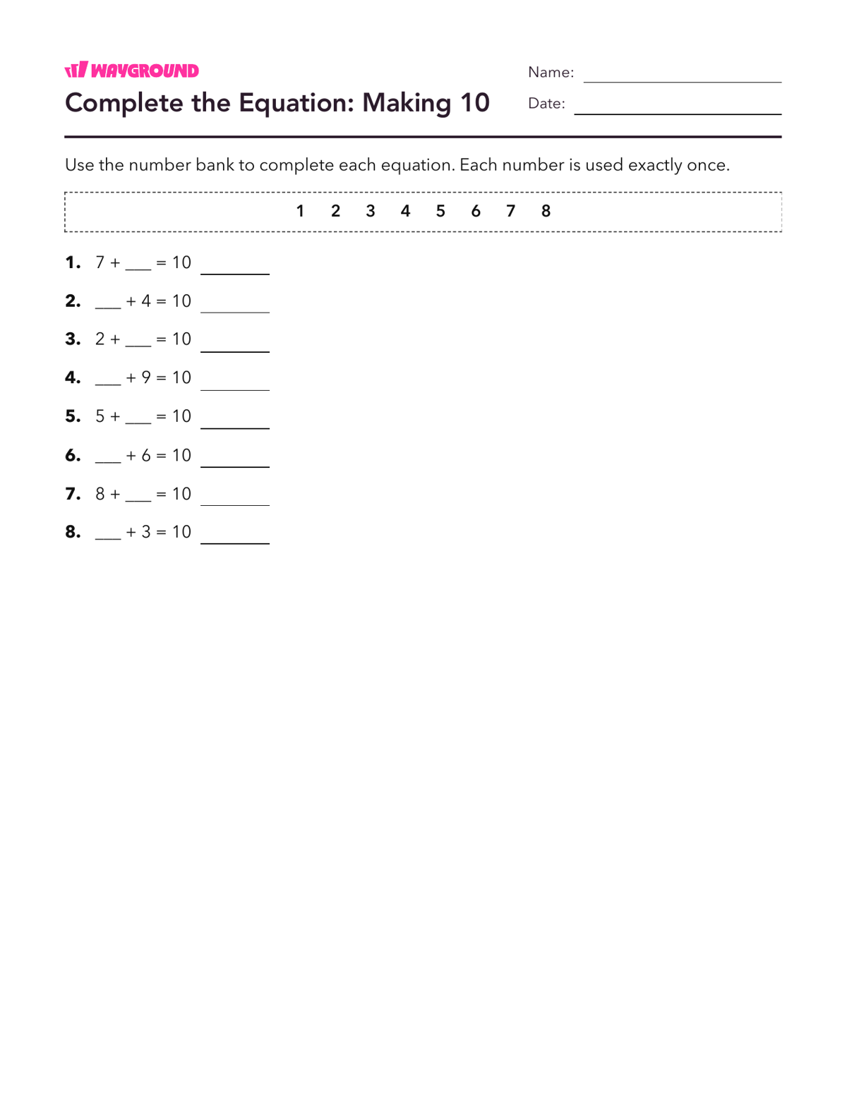 Complete the Equation: Making 10 - Printable Addition-within-10 Worksheets Grade 2 - Wayground