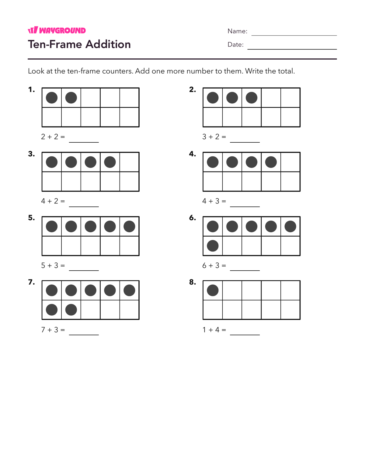Ten-Frame Addition - Imprimible Suma-dentro-de-10 Hojas-de-trabajo Guardería - Wayground