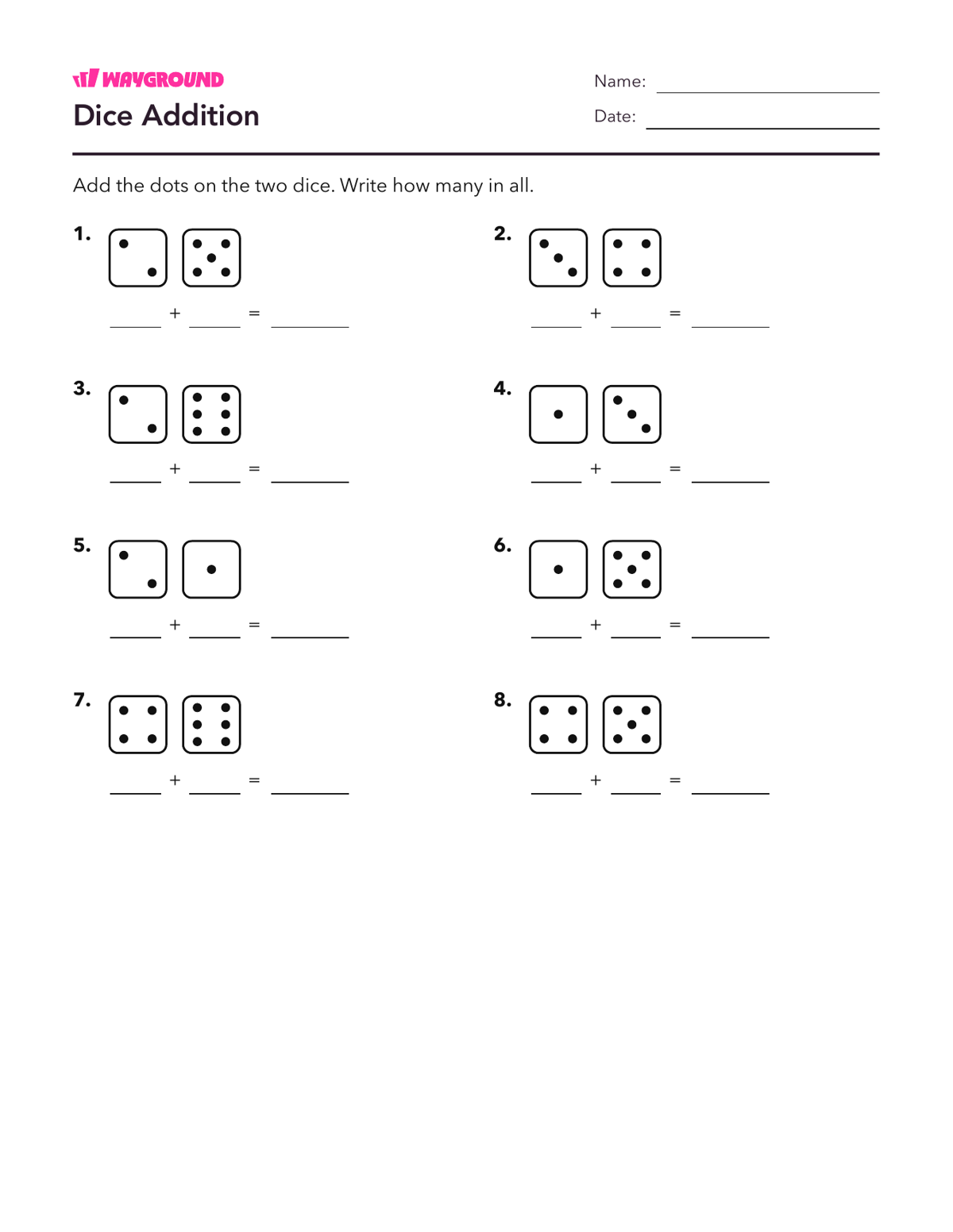 Dice Addition - Imprimible Suma-dentro-de-10 Hojas-de-trabajo Guardería - Wayground