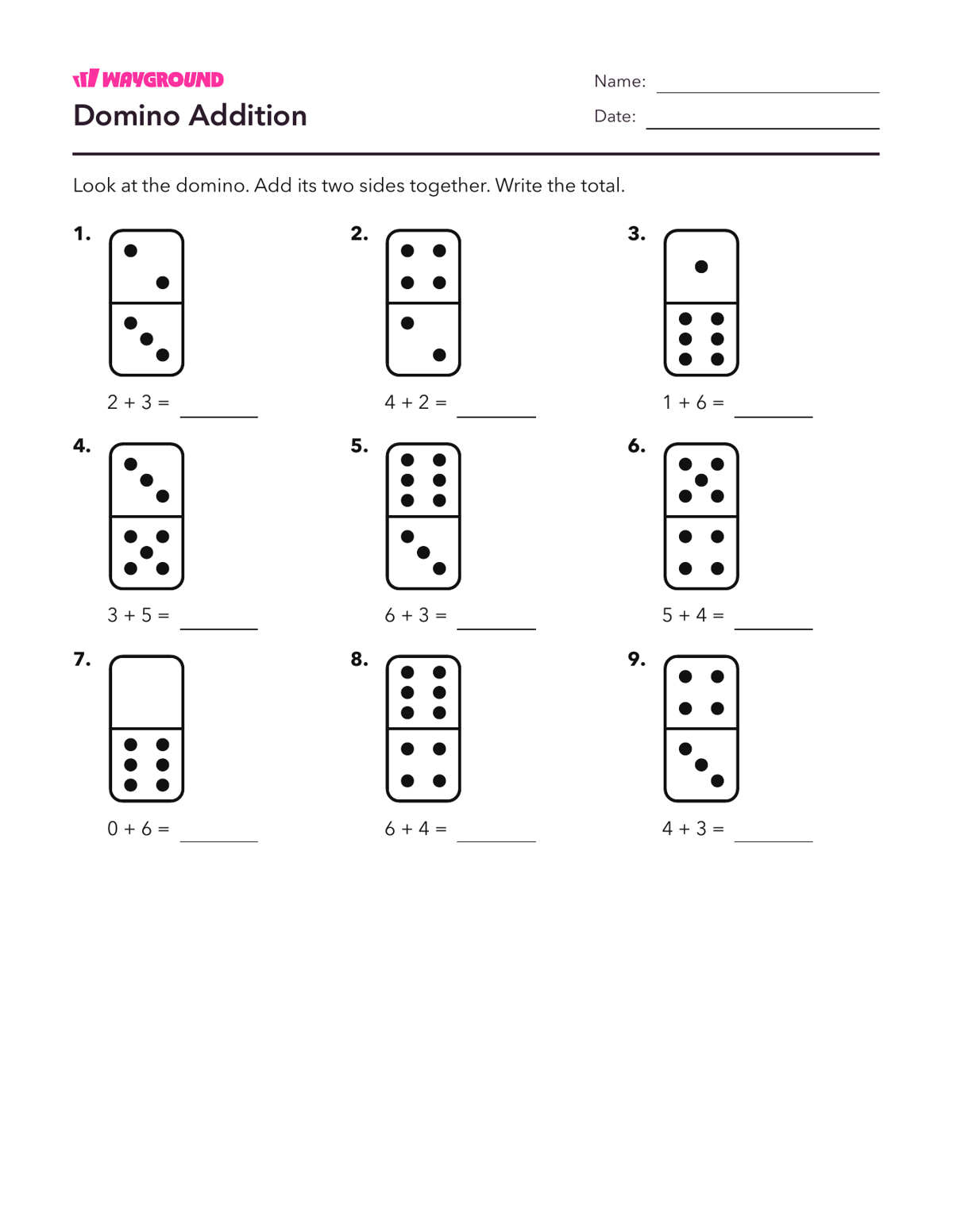 Domino Addition - Imprimible Suma-dentro-de-10 Hojas-de-trabajo Guardería - Wayground