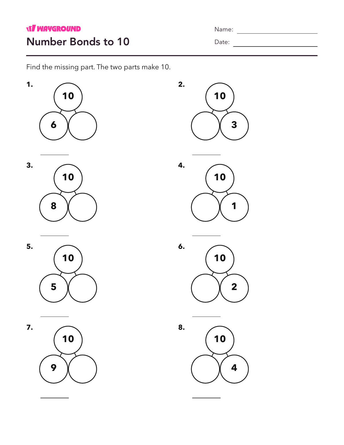 Number Bonds to 10 - Imprimible Suma-dentro-de-10 Hojas-de-trabajo Guardería - Wayground