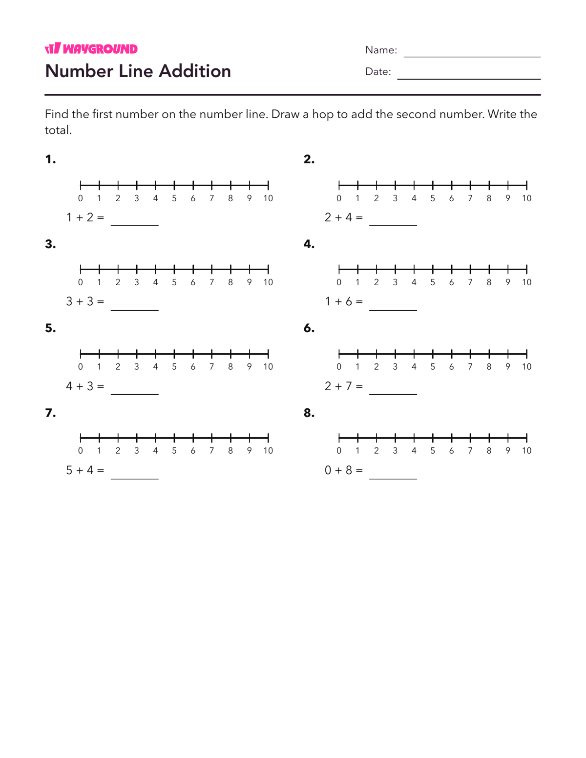 Number Line Addition - Imprimible Suma-dentro-de-10 Hojas-de-trabajo Guardería - Wayground