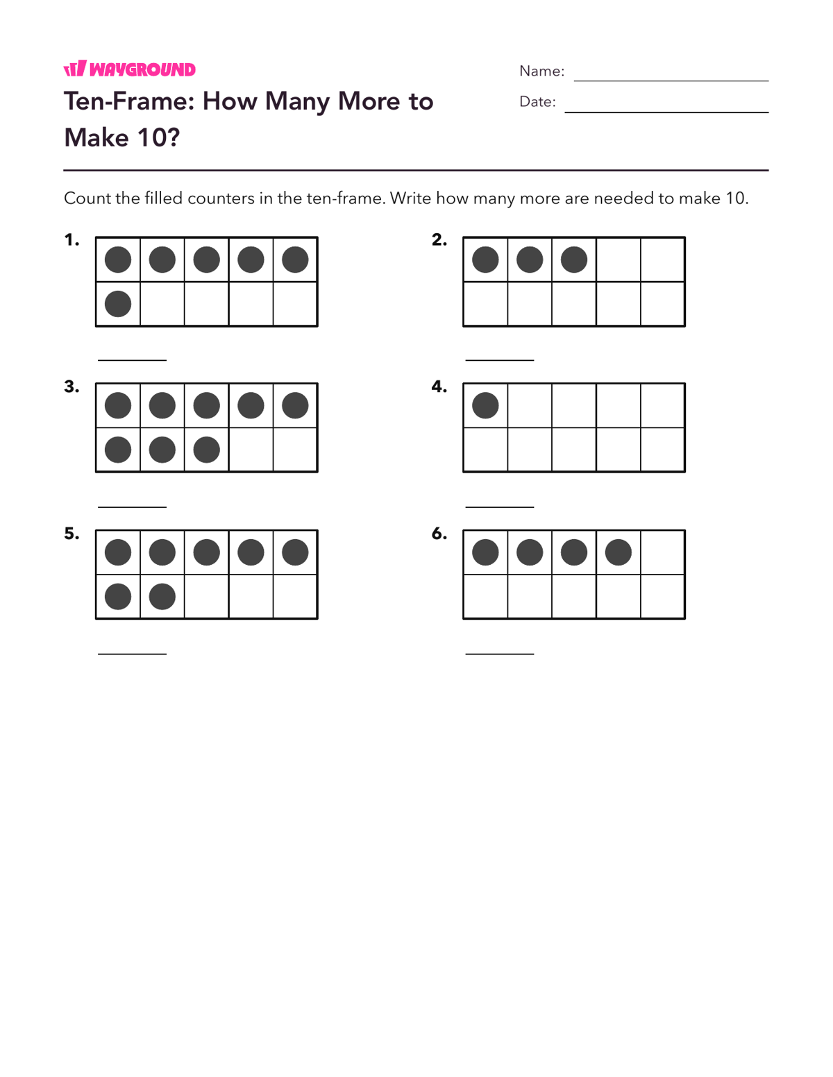 Ten-Frame: How Many More to Make 10? - Imprimible Suma-dentro-de-10 Hojas-de-trabajo Guardería - Wayground