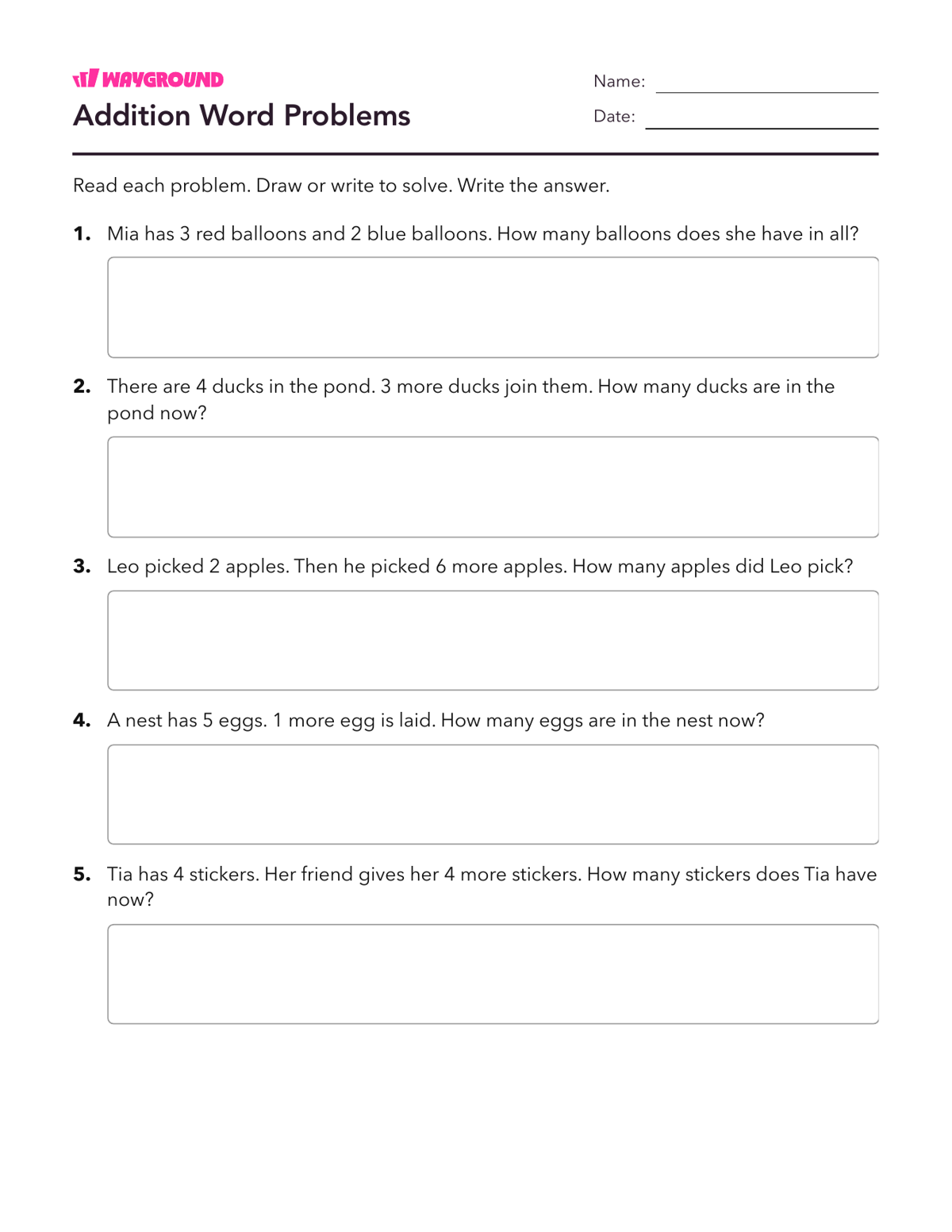 Addition Word Problems - Imprimible Suma-dentro-de-10 Hojas-de-trabajo Guardería - Wayground