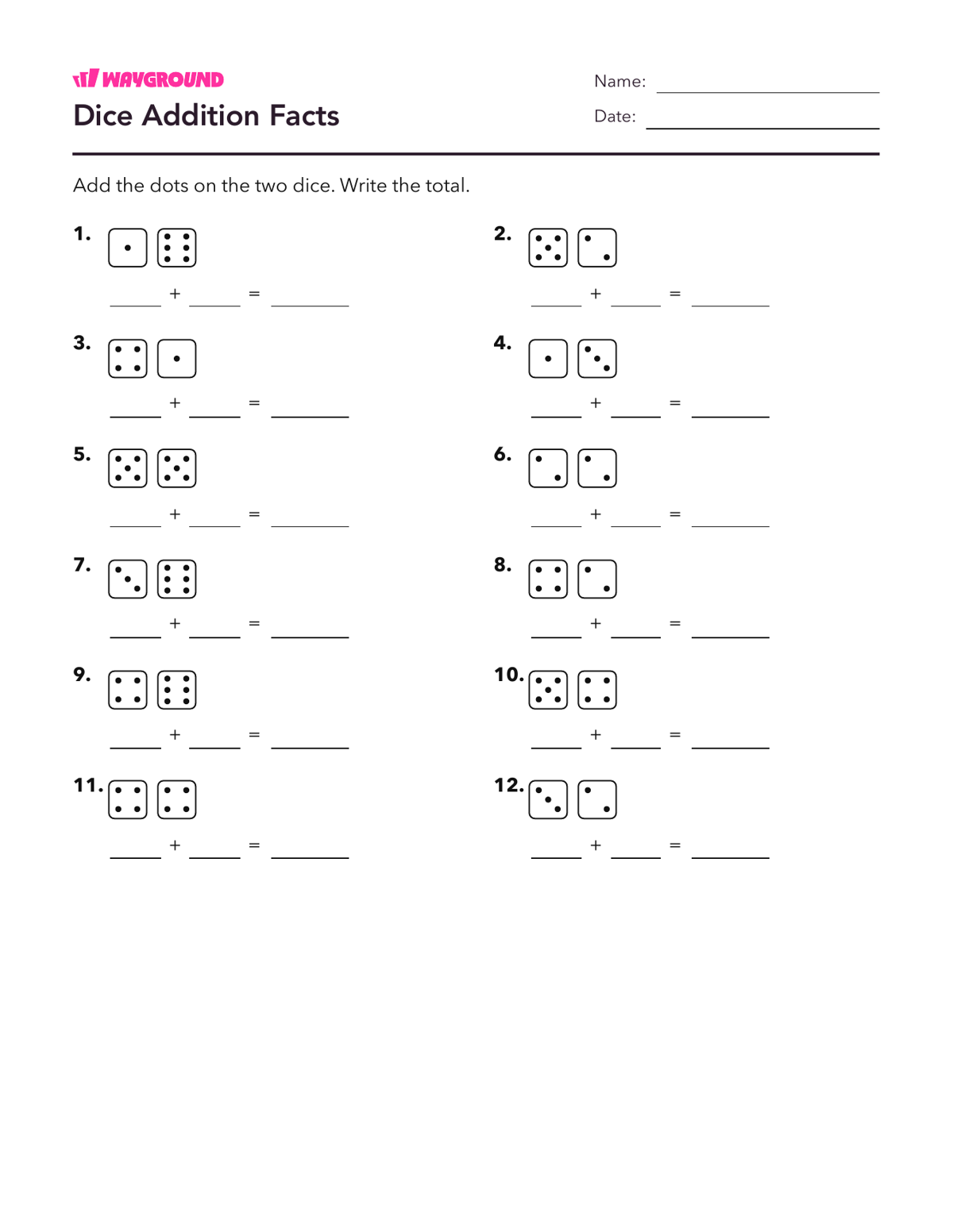Dice Addition Facts - Imprimible Suma-dentro-de-10 Hojas-de-trabajo - Wayground