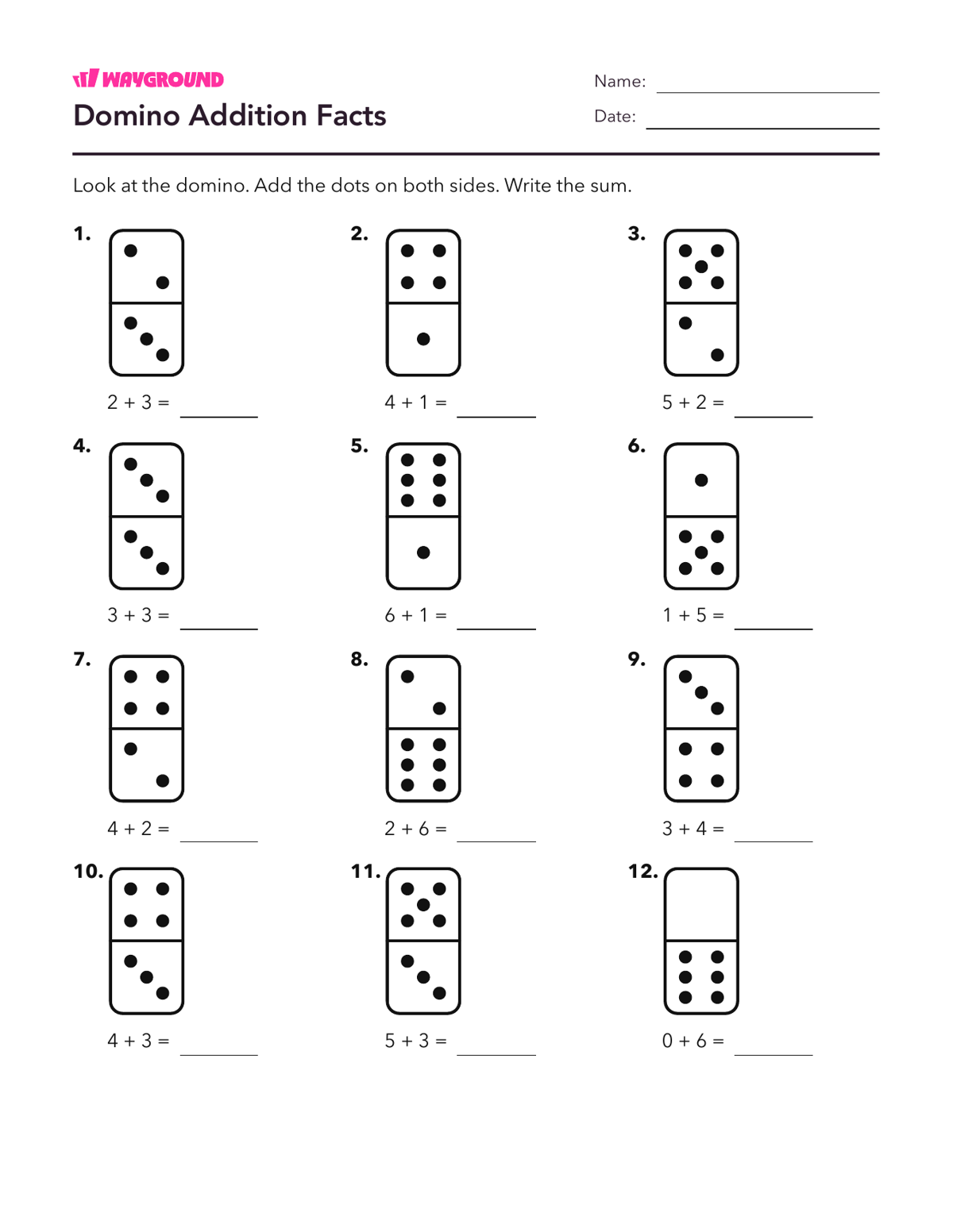 Domino Addition Facts - Imprimible Suma-dentro-de-10 Hojas-de-trabajo - Wayground
