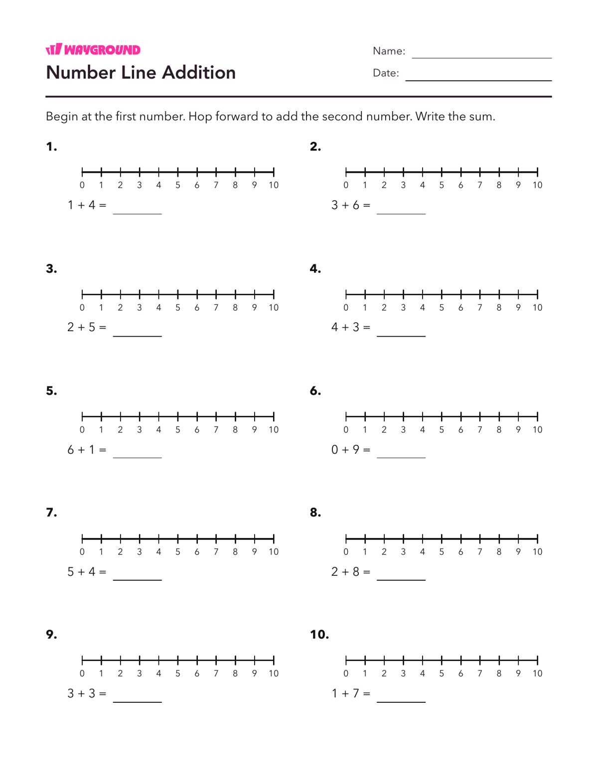 Number Line Addition - Imprimible Suma-dentro-de-10 Hojas-de-trabajo - Wayground