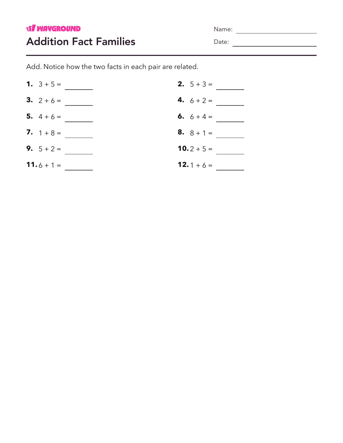 Addition Fact Families - Imprimible Suma-dentro-de-10 Hojas-de-trabajo - Wayground