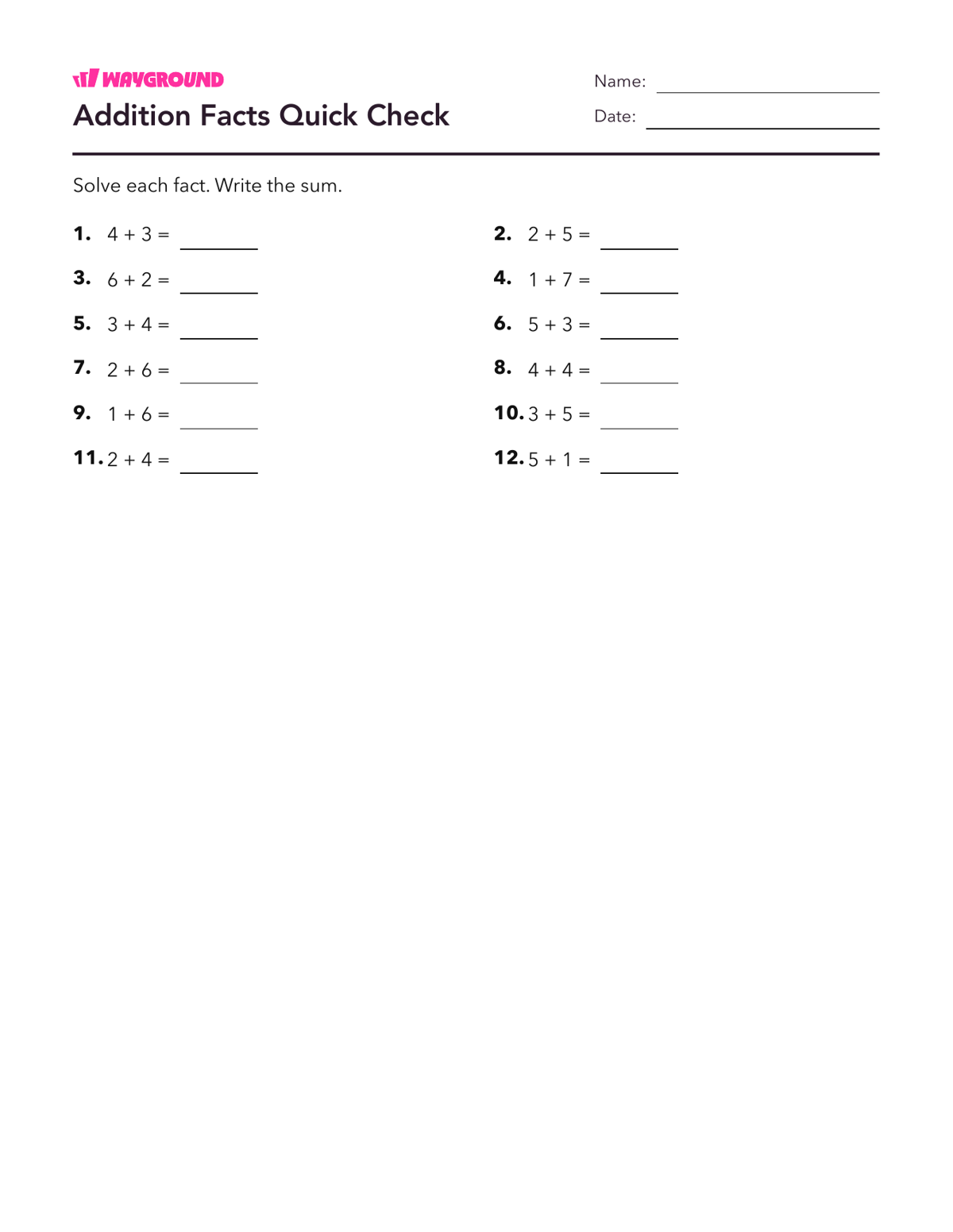 Addition Facts Quick Check - Imprimible Suma-dentro-de-10 Hojas-de-trabajo - Wayground