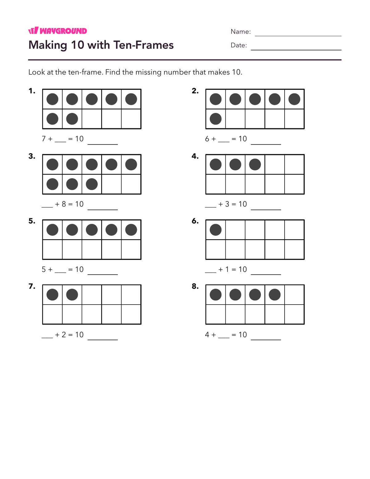 Making 10 with Ten-Frames - Imprimible Suma-dentro-de-10 Hojas-de-trabajo - Wayground