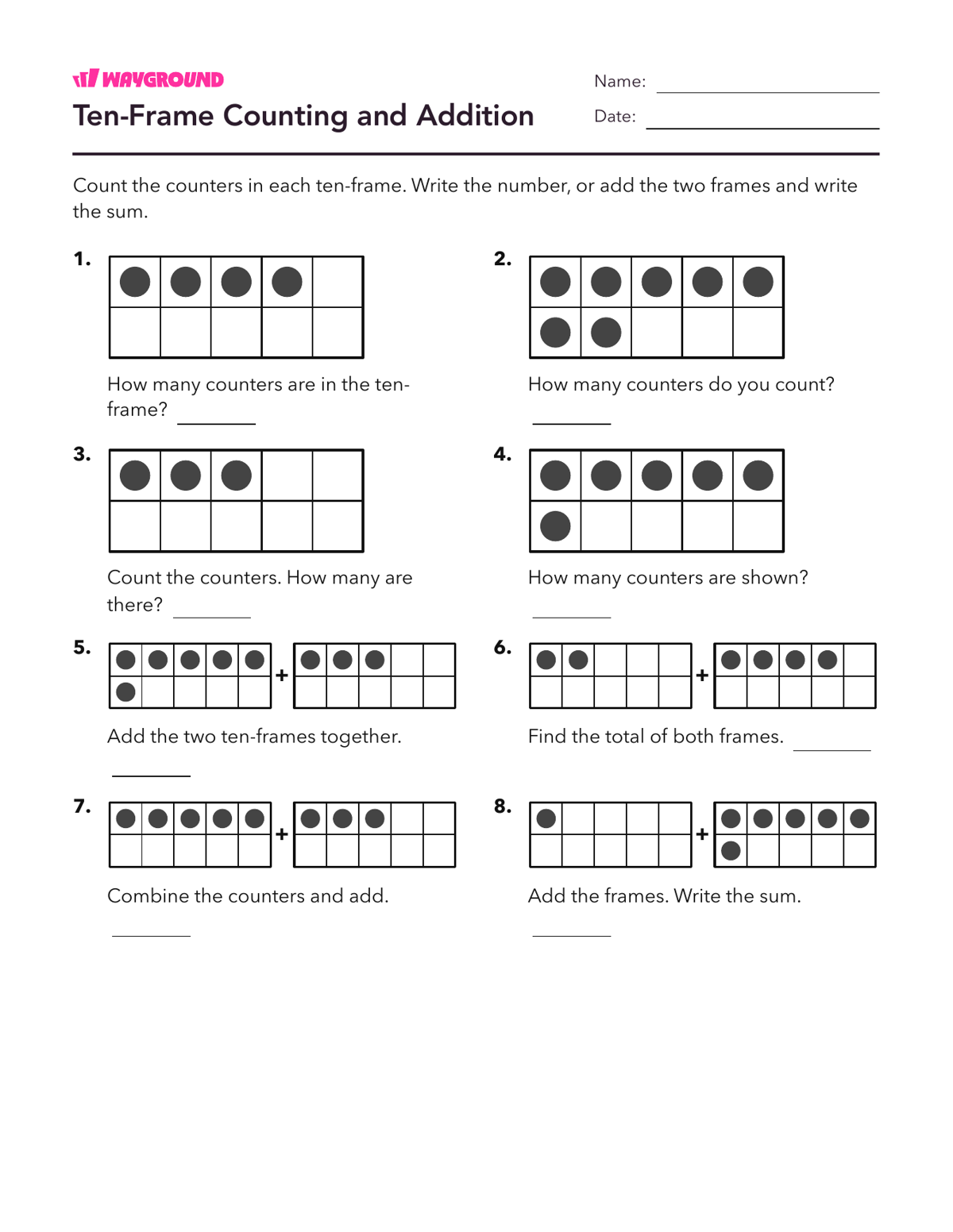 Ten-Frame Counting and Addition - Imprimible Suma-dentro-de-10 Hojas-de-trabajo - Wayground
