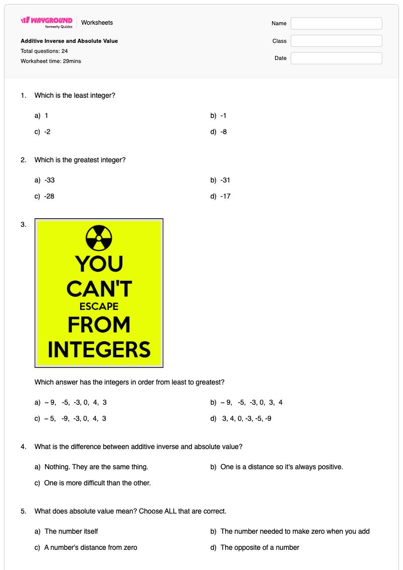 Additive Inverse and Absolute Value - Printable Additive-inverse Worksheets Kindergarten - Wayground