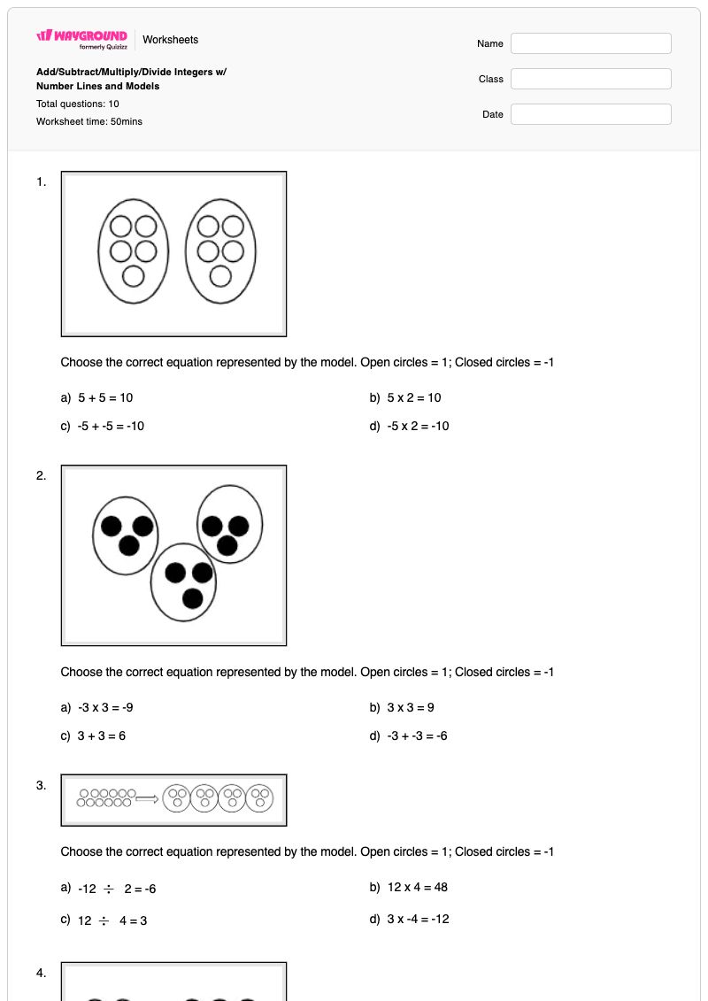 Add/Subtract/Multiply/Divide Integers w/ Number Lines and Models - Printable Addition-and-counting-on-number-lines Worksheets - Wayground