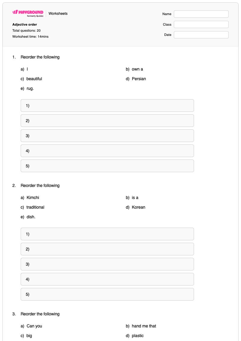 Adjective order - Printable Diagramming-sentences Worksheets Class 9 - Wayground