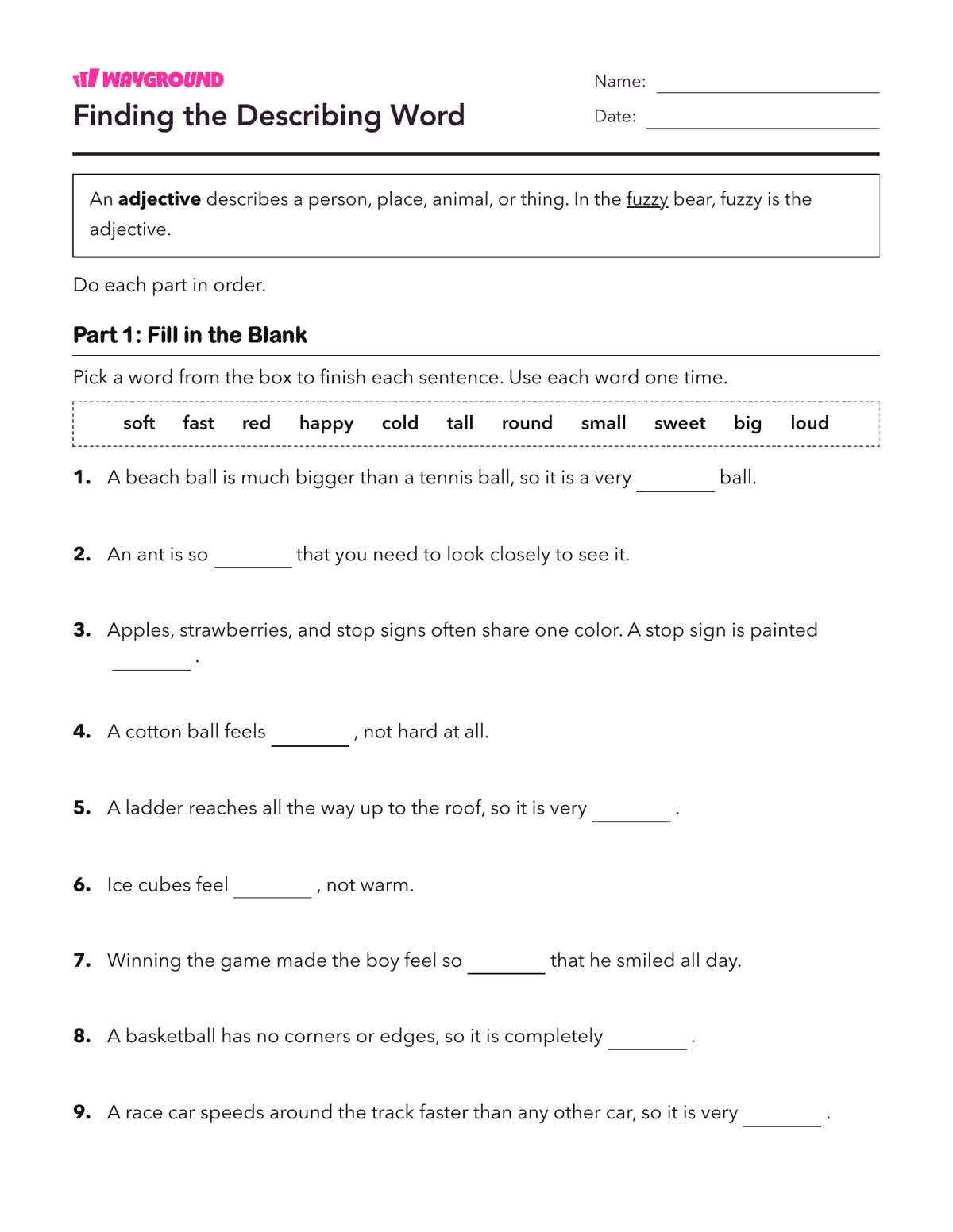 Finding the Describing Word - Imprimible Adjetivos Hojas-de-trabajo Grado 1 - Wayground