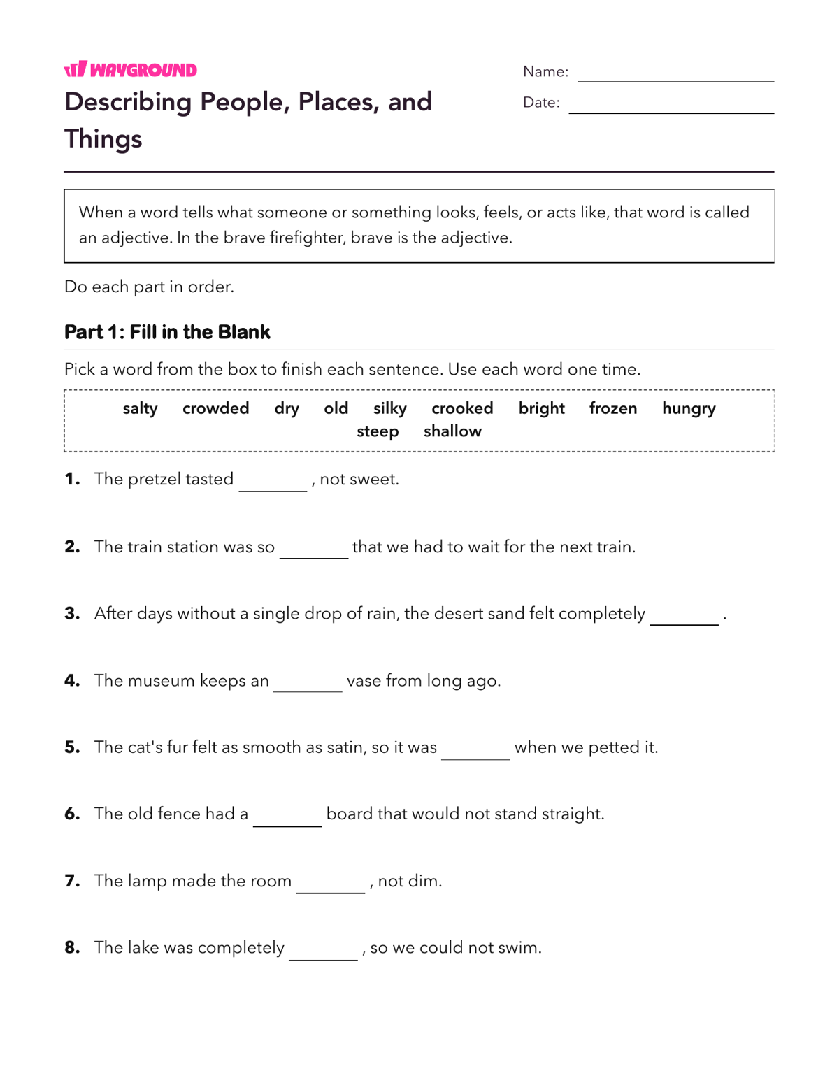 Describing People, Places, and Things - Imprimible Adjetivos Hojas-de-trabajo Grado 1 - Wayground