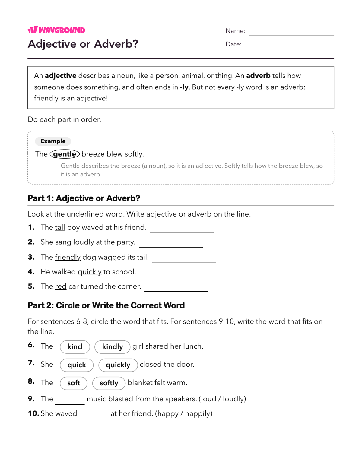 Adjective or Adverb? - Imprimible Adjetivos Hojas-de-trabajo Grado 1 - Wayground