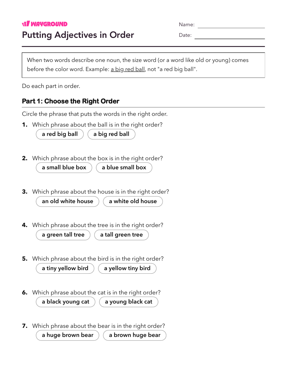 Putting Adjectives in Order - Imprimible Adjetivos Hojas-de-trabajo Grado 1 - Wayground