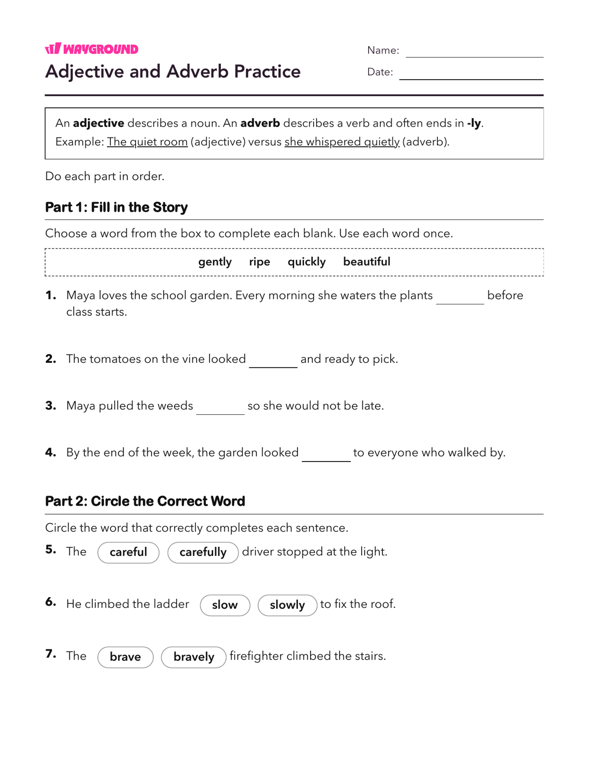 Adjective and Adverb Practice - Nadający się do druku Przymiotniki Karty-pracy Klasa 2 - Wayground