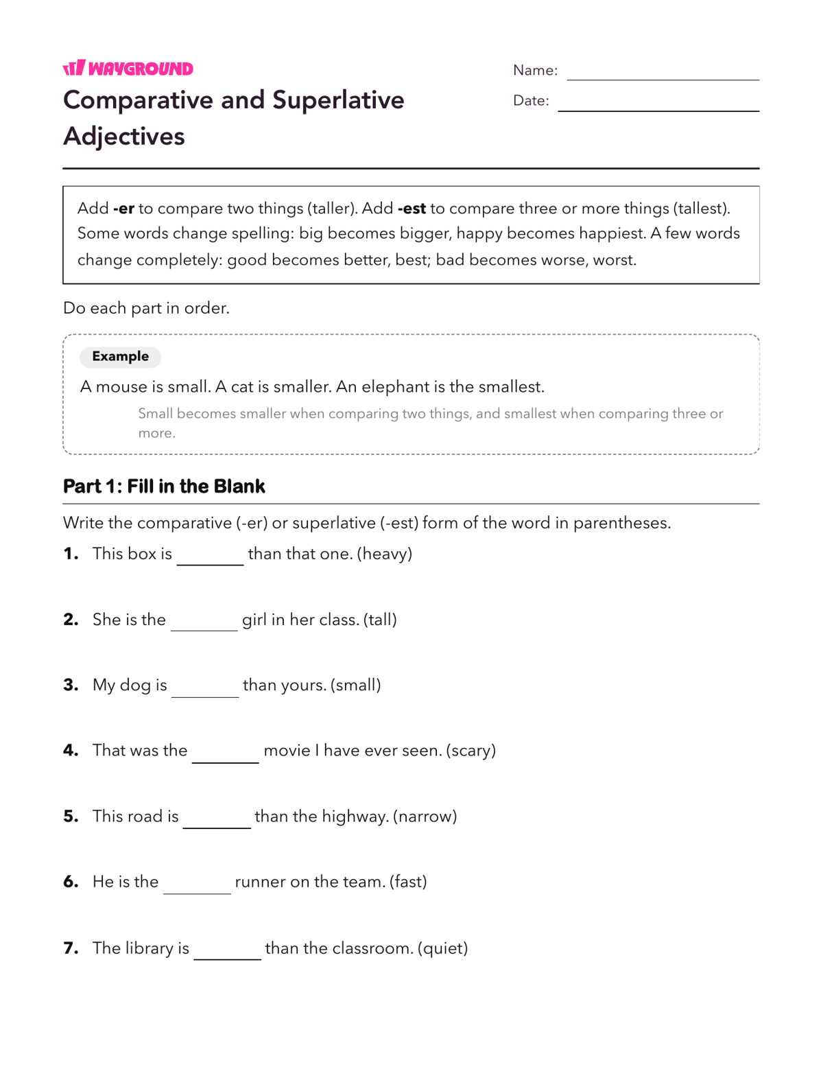 Comparative and Superlative Adjectives - Nadający się do druku Przymiotniki Karty-pracy Klasa 2 - Wayground