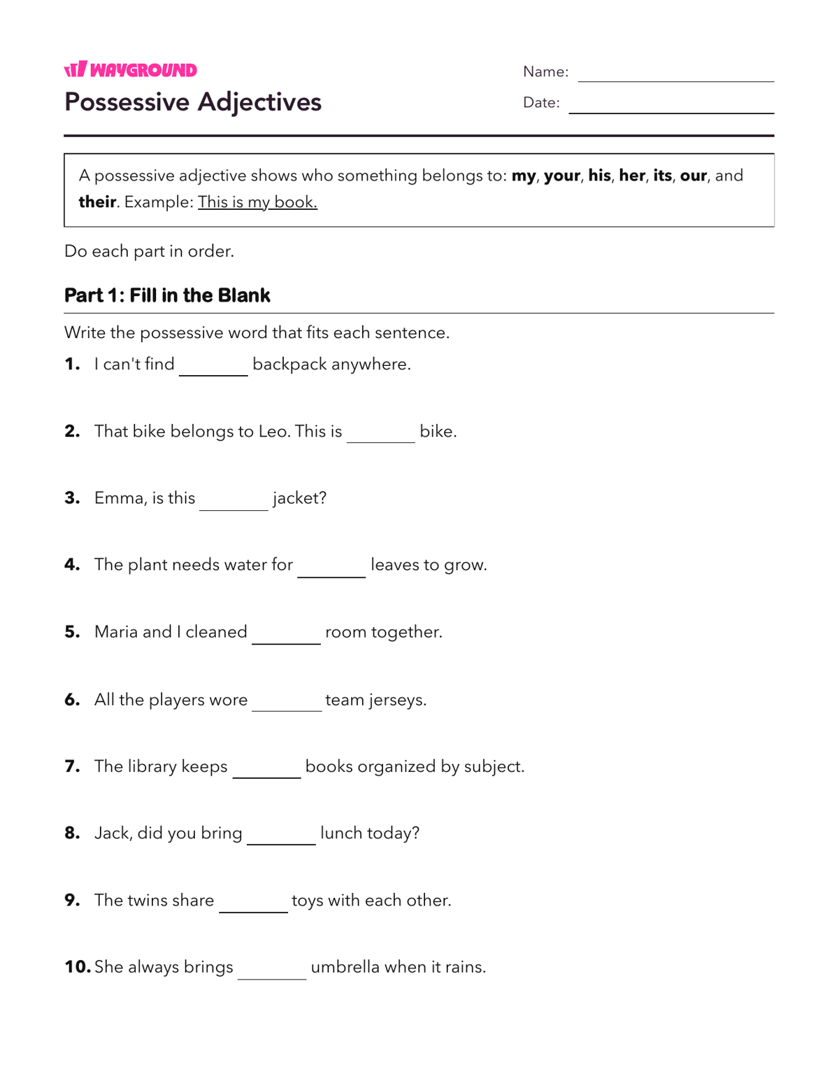 Possessive Adjectives - Nadający się do druku Przymiotniki Karty-pracy Klasa 2 - Wayground