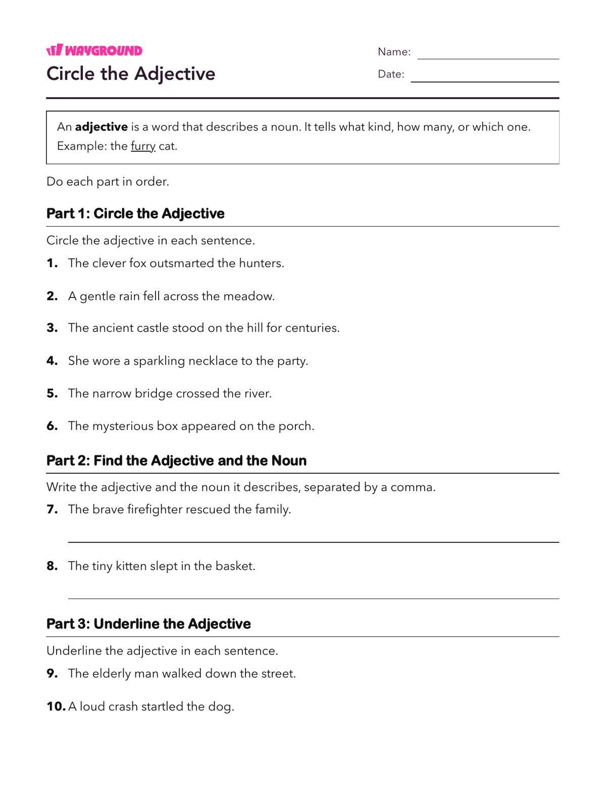 Circle the Adjective - Imprimible Adjetivos Hojas-de-trabajo Grado 3 - Wayground