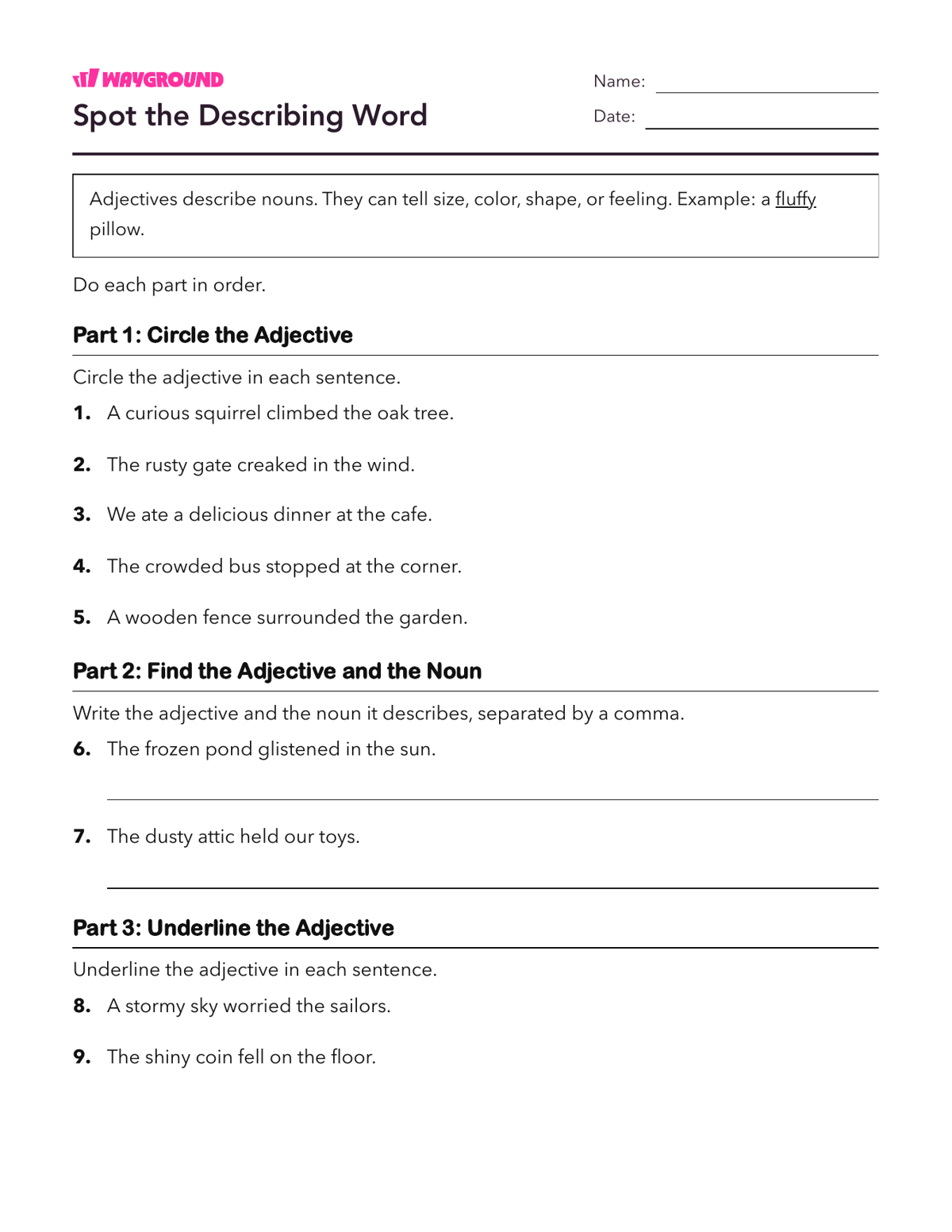 Spot the Describing Word - Imprimible Adjetivos Hojas-de-trabajo Grado 3 - Wayground