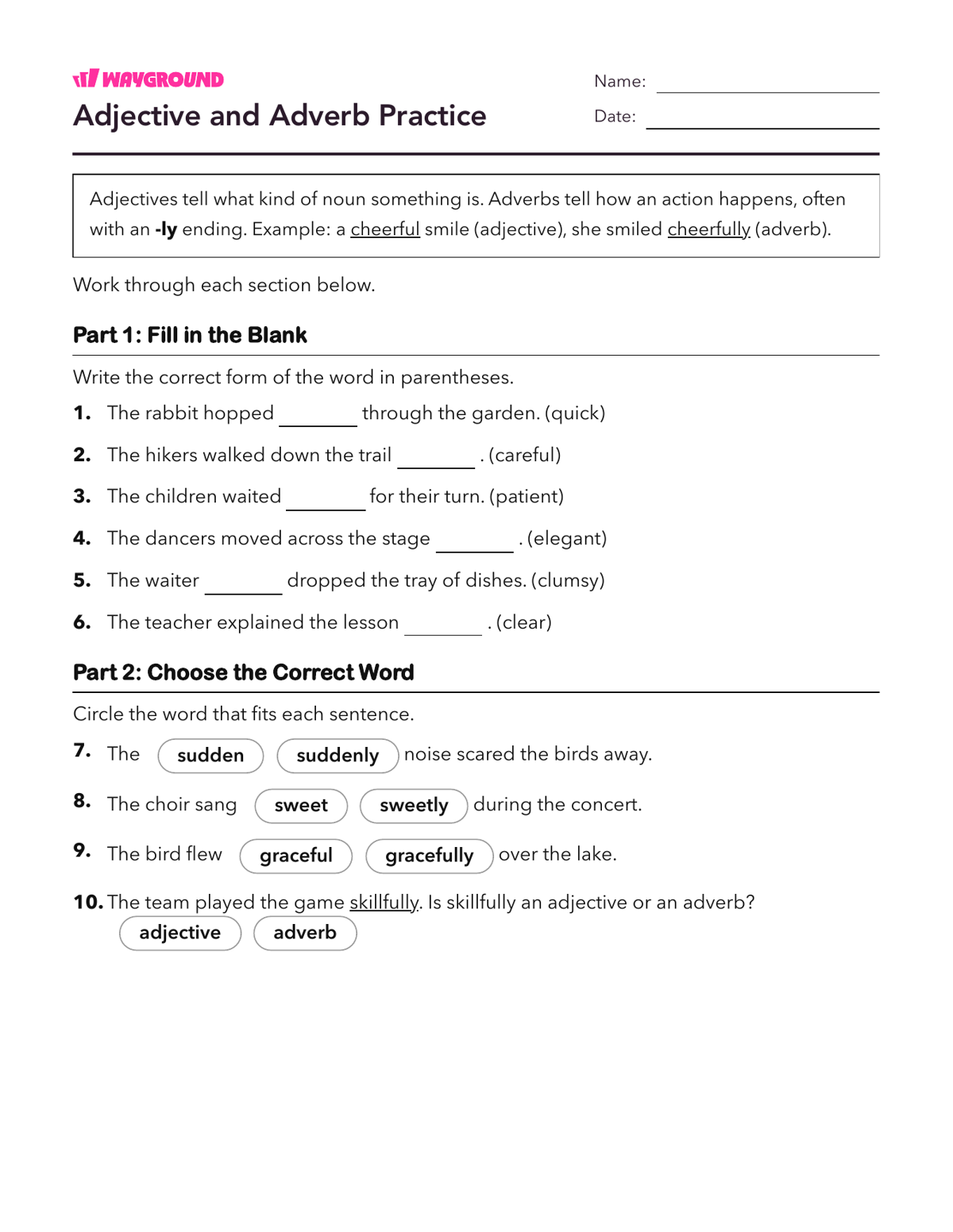 Adjective and Adverb Practice - Imprimible Adjetivos Hojas-de-trabajo Grado 3 - Wayground