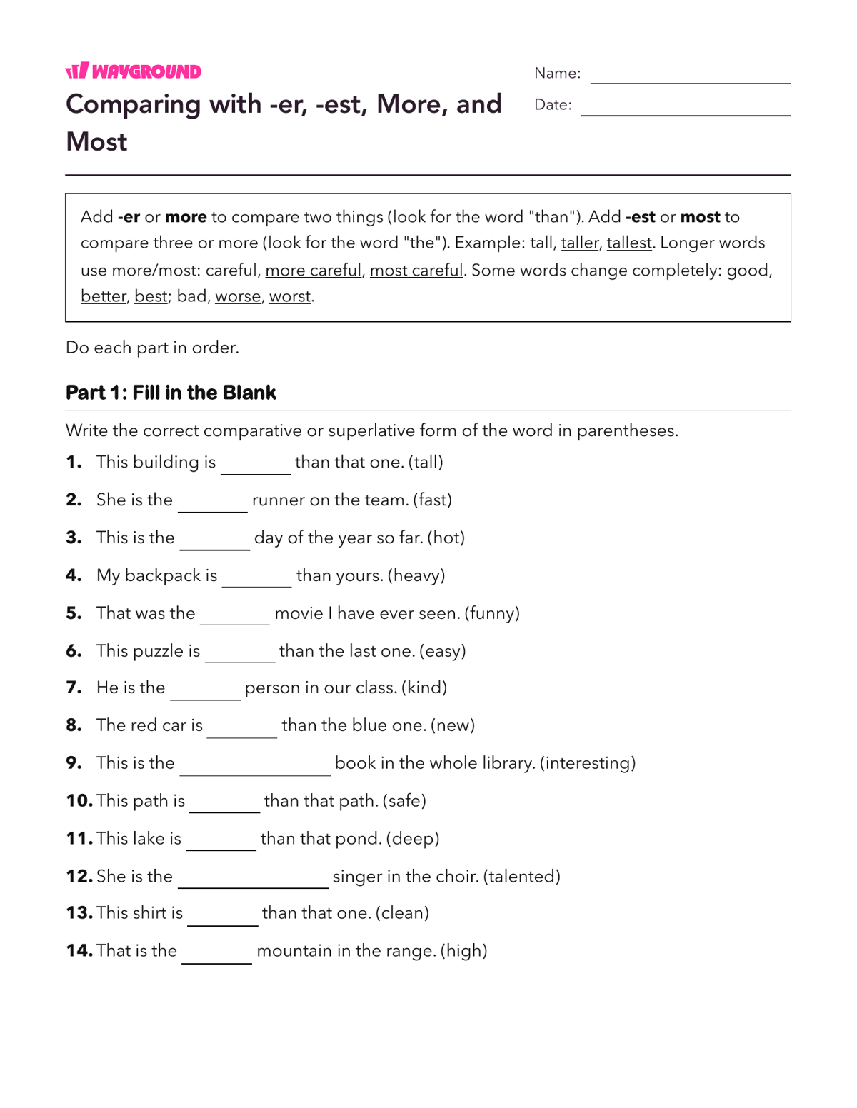 Comparing with -er, -est, More, and Most - Imprimible Adjetivos Hojas-de-trabajo Grado 3 - Wayground