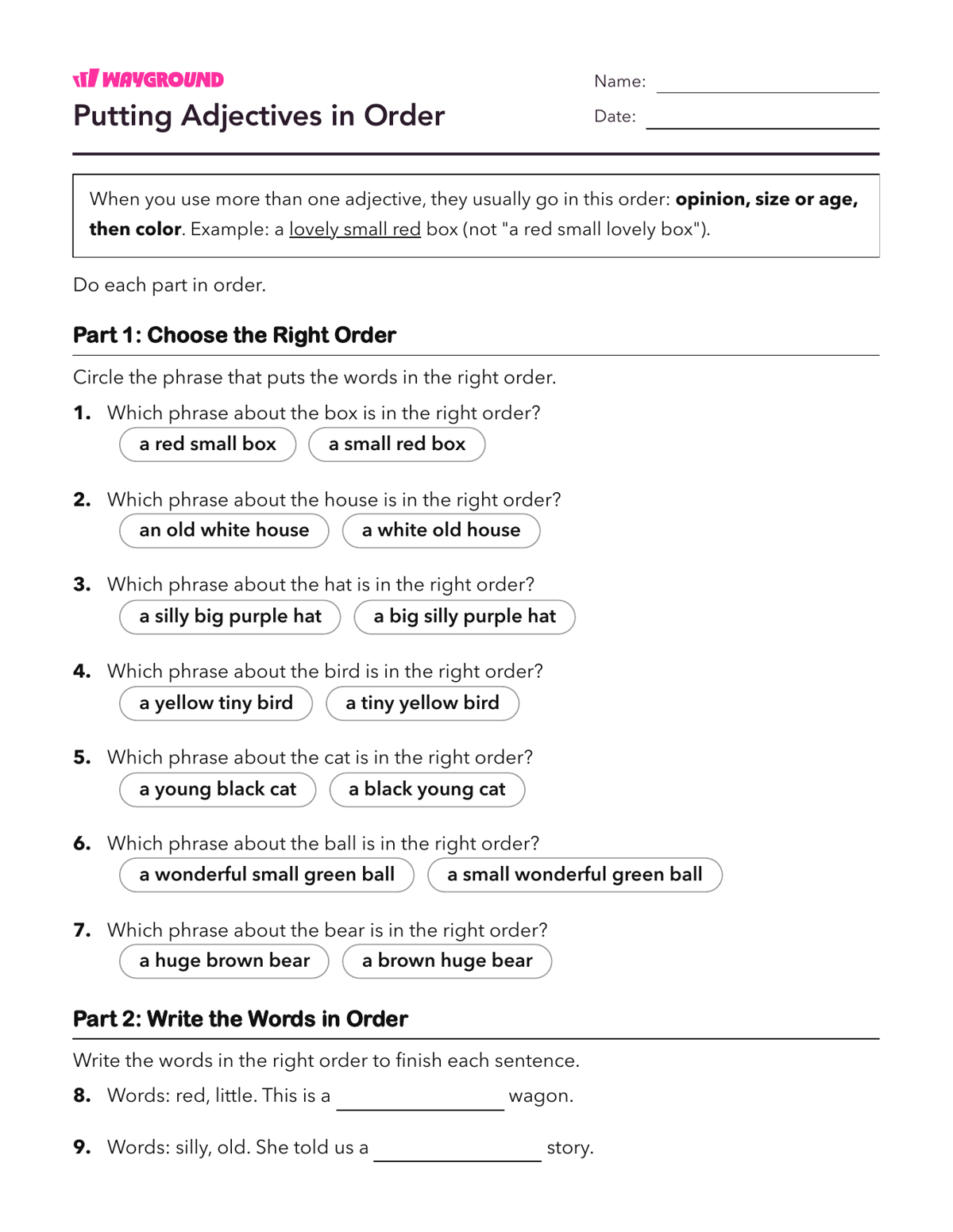 Putting Adjectives in Order - Imprimible Adjetivos Hojas-de-trabajo Grado 3 - Wayground