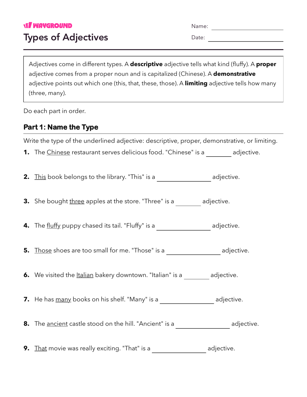 Types of Adjectives - Imprimible Adjetivos Hojas-de-trabajo Grado 3 - Wayground