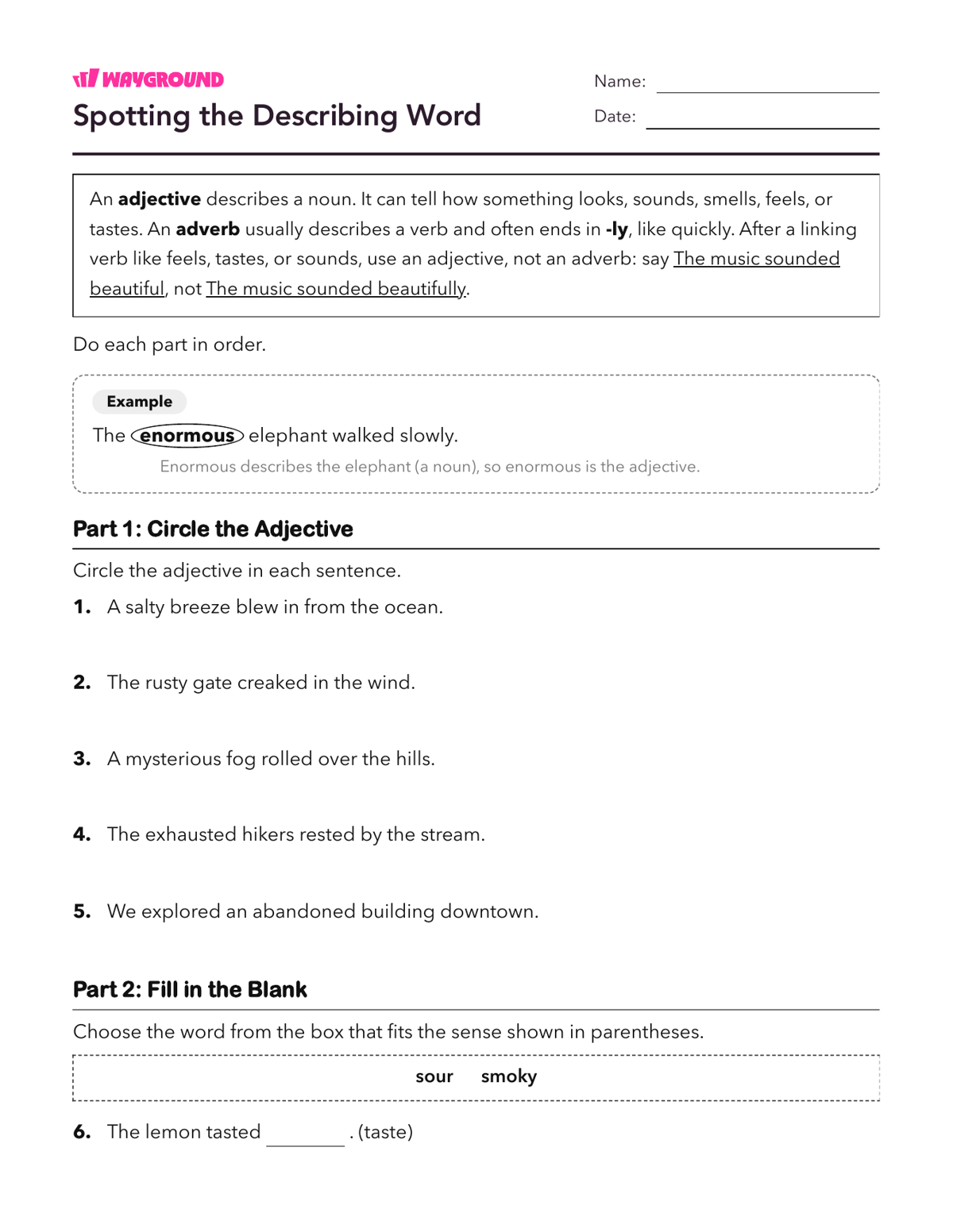 Spotting the Describing Word - Imprimible Adjetivos Hojas-de-trabajo Grado 4 - Wayground