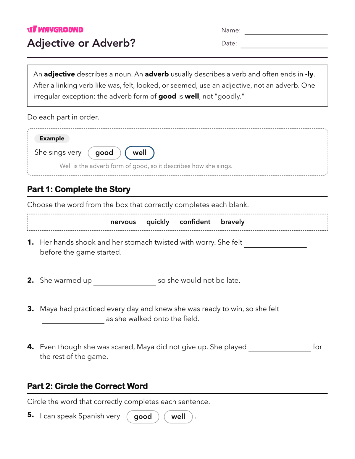 Adjective or Adverb? - Imprimible Adjetivos Hojas-de-trabajo Grado 4 - Wayground