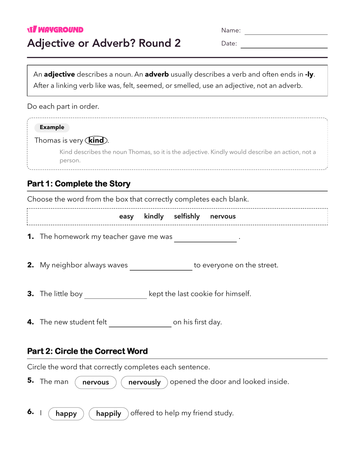 Adjective or Adverb? Round 2 - Imprimible Adjetivos Hojas-de-trabajo Grado 4 - Wayground